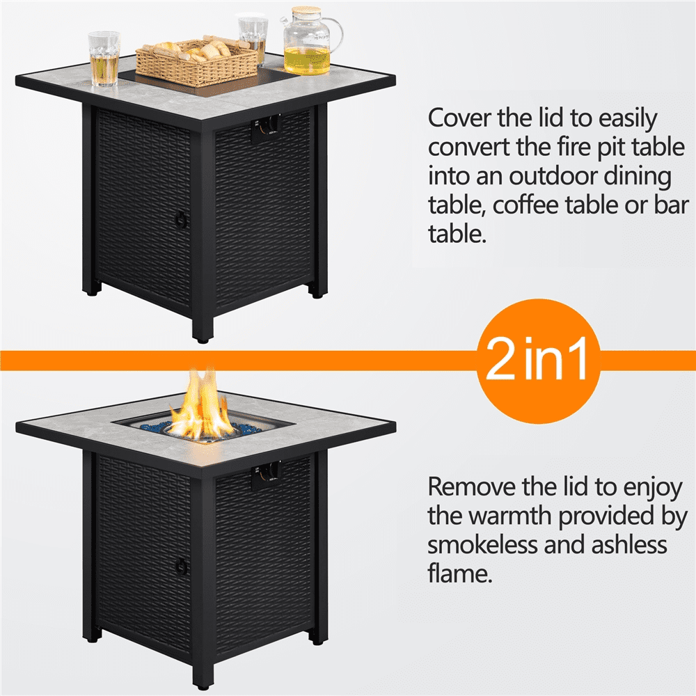 30'' Outdoor Square Propane Fire Pit Table 50,000 BTU Gas w/ Ceramic Rattan Pattern Steel Base Glass Black-Aldronix