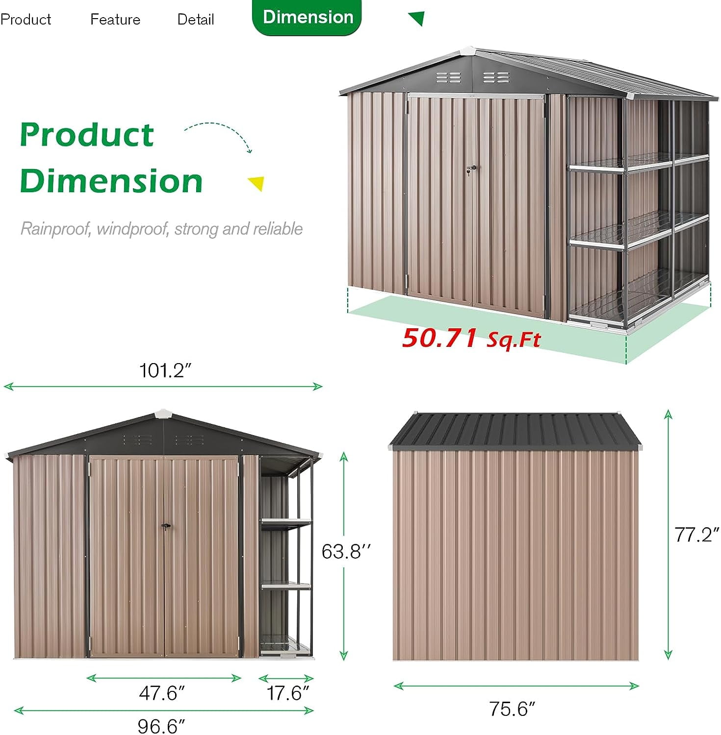 6' x 6' Outdoor Storage Shed with Rack & Shelves Metal Utility Tool Shed for Backyard & Garden-Aldronix