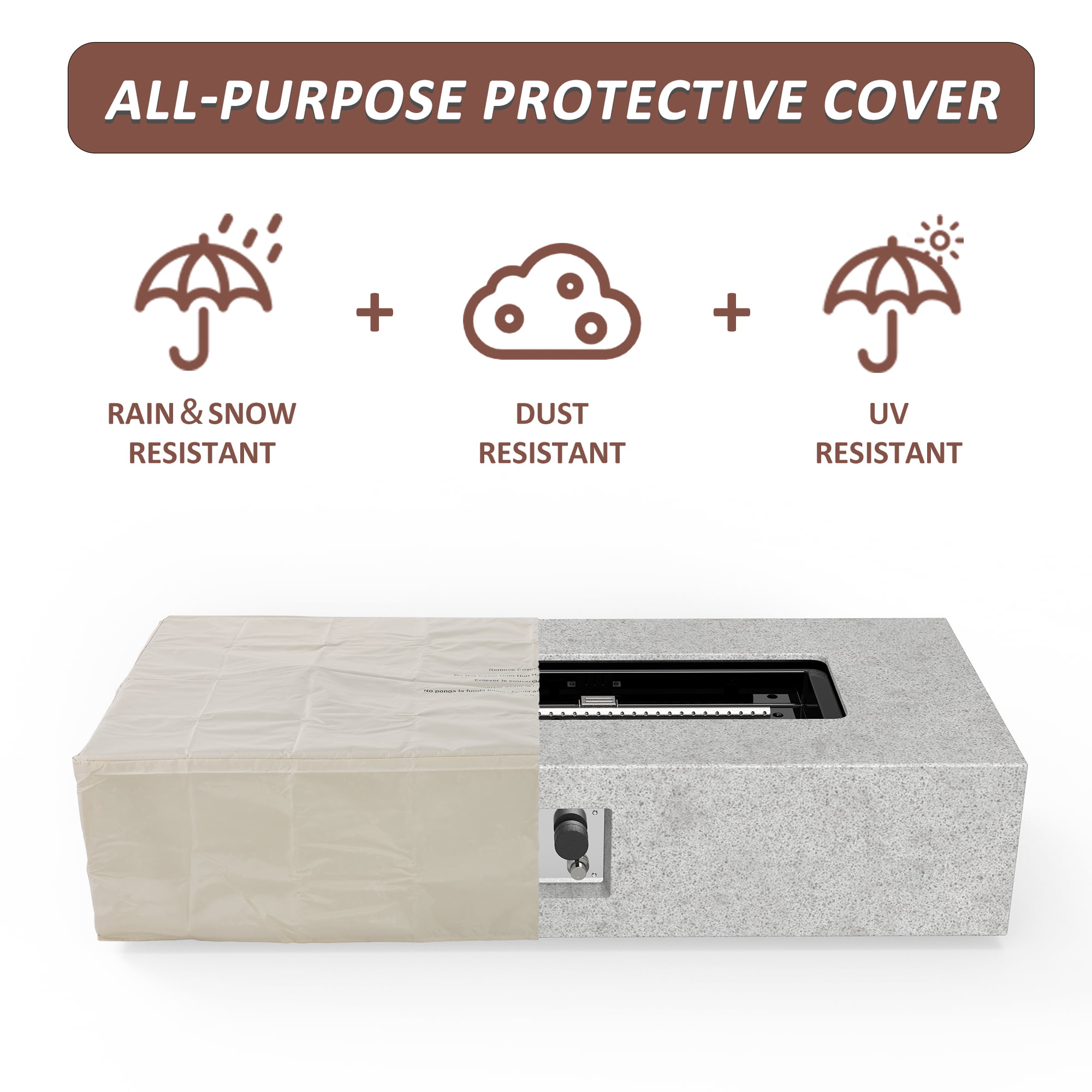 56 inch Concrete Propane Fire Pit Table, 50,000 BTU Outdoor Firepit Rectangular Table with Propane Tank Metal Stand, Fire Glass Beads and Waterproof Cover, White-Aldronix