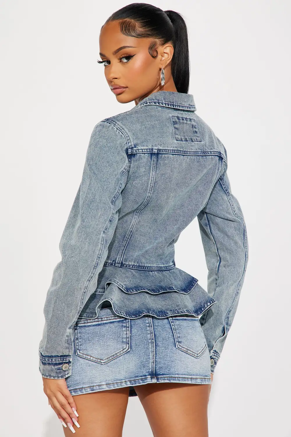 Sweetheart Peplum Denim Jacket - Medium Wash-Aldronix