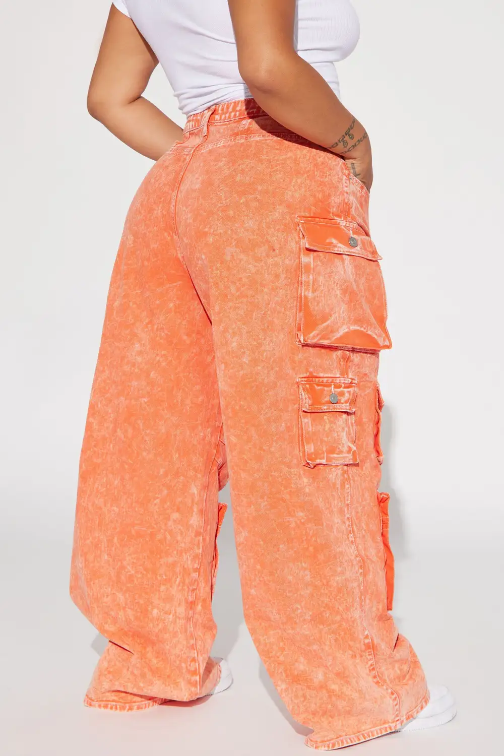 Lily High Rise Acid Wash Cargo Jeans - Orange-Aldronix