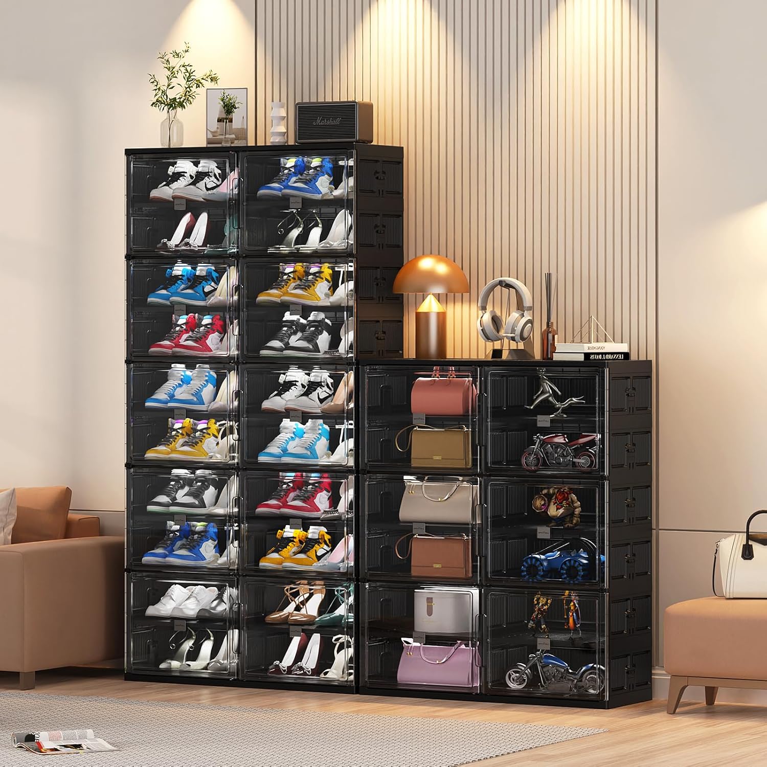 10 Tiers 40 Pairs Hard Plastic Shoe Storage Organizer Cabinet for Entryway, Large Stackable Collapsible Sneaker Shoe Box Organizer for Closet, Portable Folding Shoe Cabinet with Doors, Black-Aldronix