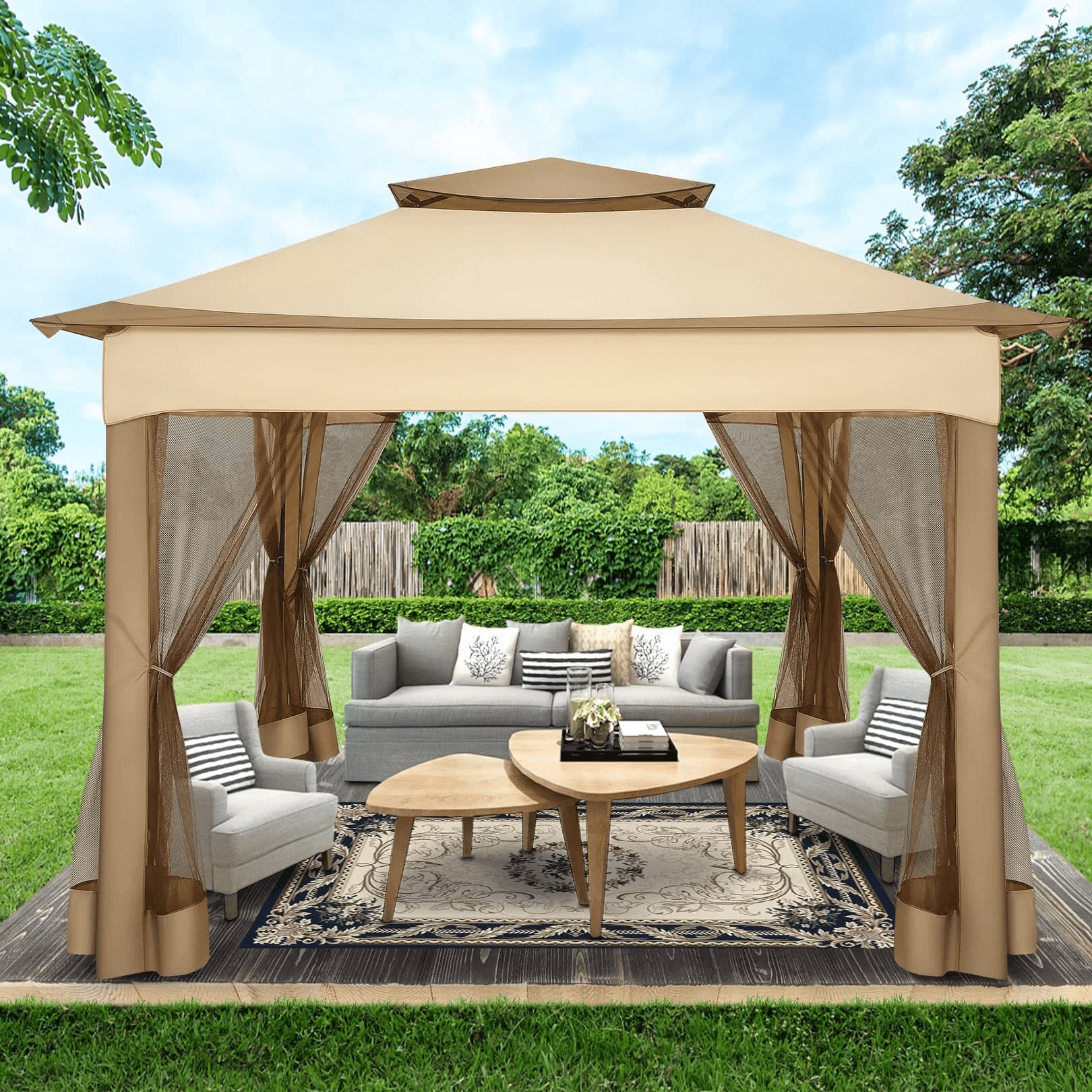 11x11 Pop up Gazebo Outdoor Canopy Gazebo Patio Gazebo with Mosquito Netting Canopy Shelter with 121 Square feet of Shade for Poolside, Garden, Party and Backyard, Khaki-Aldronix
