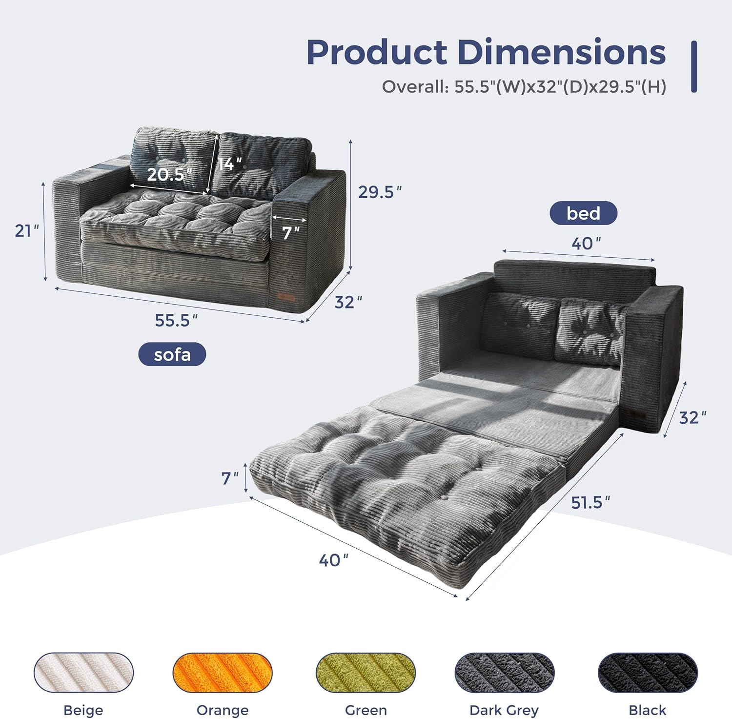  Convertible Sofa Bed, Pull Out Loveseat Sleeper Sofa, 2 in 1 Folding Couch Bed, Fold Out Floor Couch with Pillows for Living Room Bedroom Lounge, Beige-Aldronix