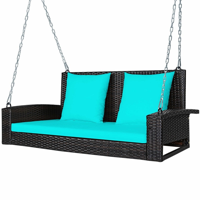 2-Person Outdoor Wicker Hanging Porch Swing Bench with 3 Cushions-Aldronix