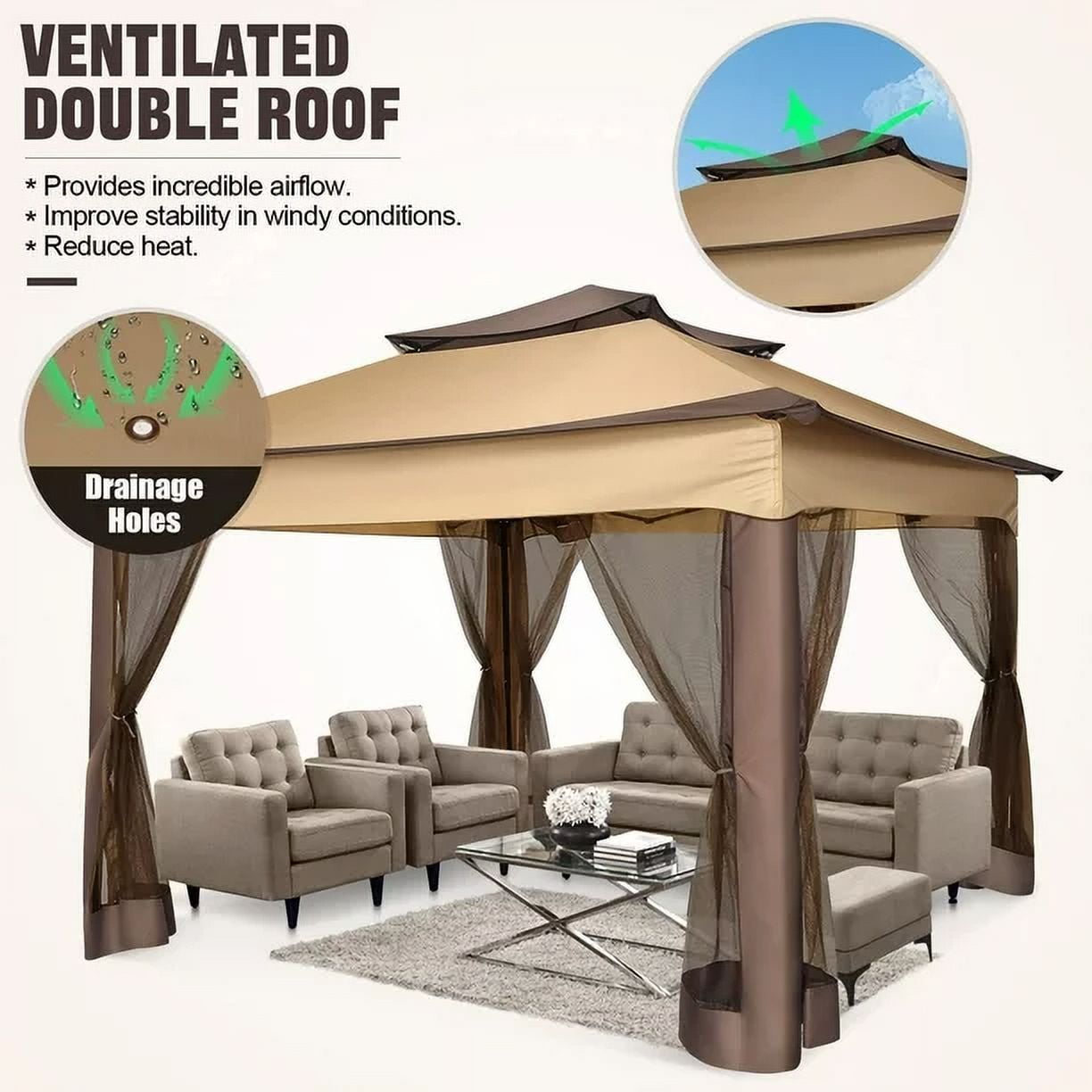 11x11 Pop up Gazebo Outdoor Canopy Gazebo Patio Gazebo with Mosquito Netting Canopy Shelter with 121 Square feet of Shade for Poolside, Garden, Party and Backyard, Khaki-Aldronix
