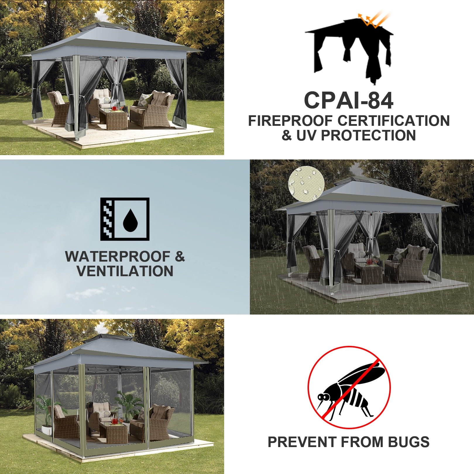 11x11 Pop up Gazebo Outdoor Canopy Gazebo Patio Gazebo with Mosquito Netting Canopy Shelter with 121 Square feet of Shade for Poolside, Garden, Party and Backyard, Khaki-Aldronix