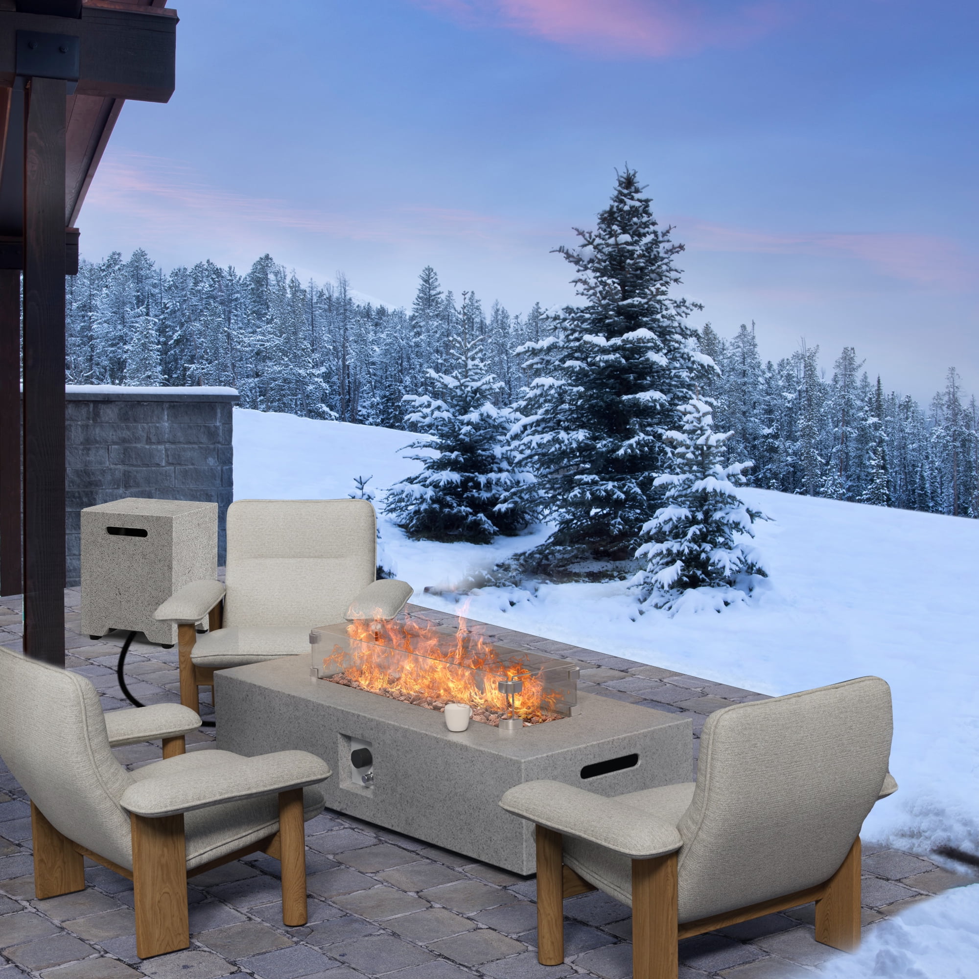 56 inch Concrete Propane Fire Pit Table, 50,000 BTU Outdoor Firepit Rectangular Table with Propane Tank Metal Stand, Fire Glass Beads and Waterproof Cover, White-Aldronix