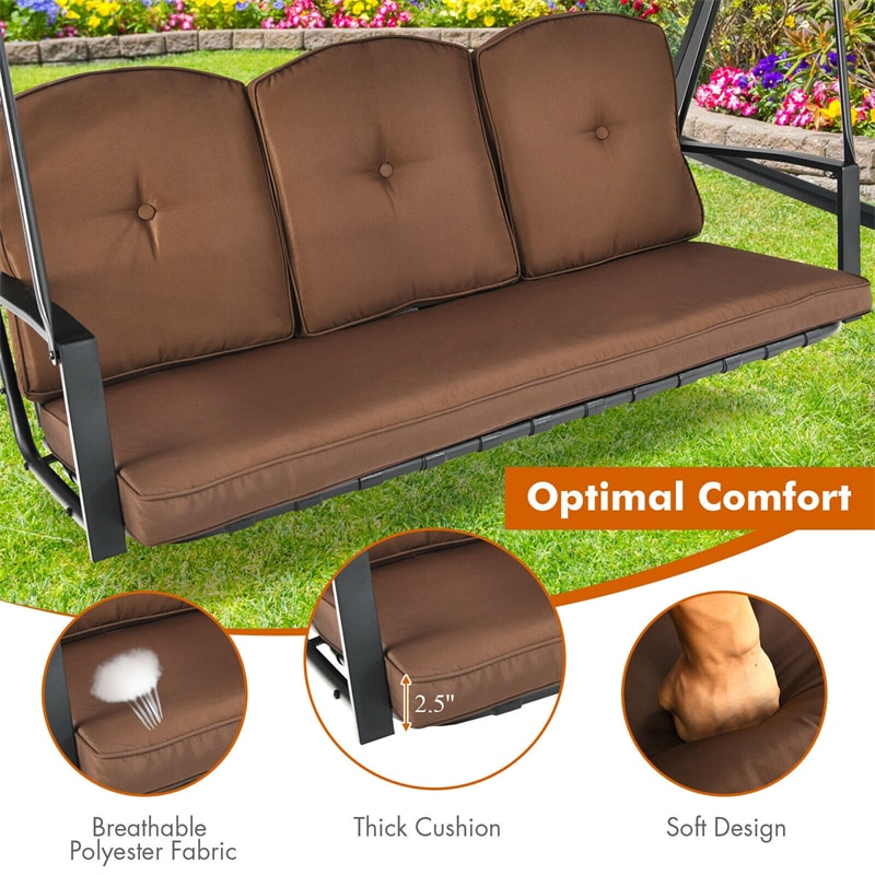 3-Seat Outdoor Porch Swing with Adjustable Tilt Canopy & Removable Cushions-Aldronix