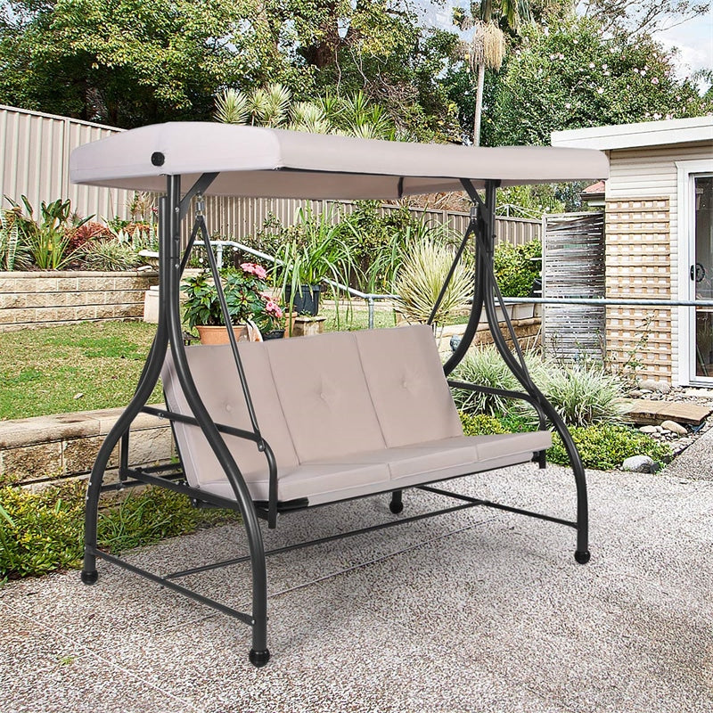 3 Seats Outdoor Patio Porch Swing Chair with Cushion Seat & Adjustable Tilt Canopy-Aldronix