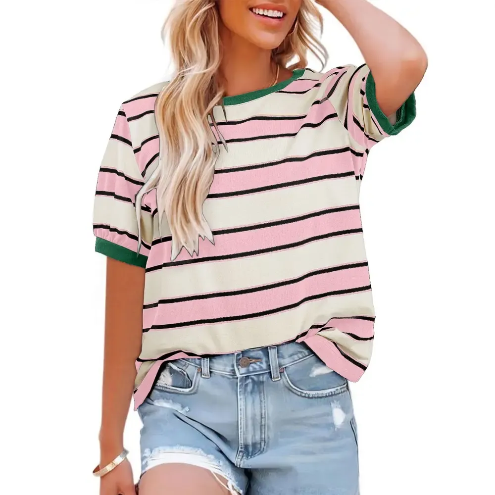 Women's Striped Color Block Short Sleeve T-Shirts - 95% Cotton + 5% Elastane Breathable Lightweight Soft Durable-Aldronix