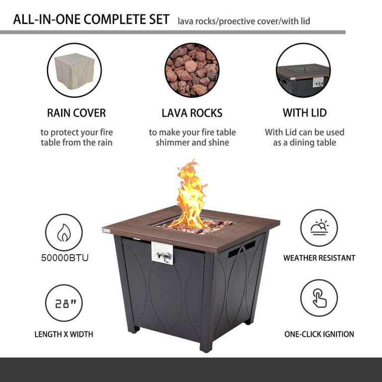 28" Propane Gas Fire Pit Table, 50000 BTU Steel Fire Table with Lid and Waterproof Cover, Black-Aldronix