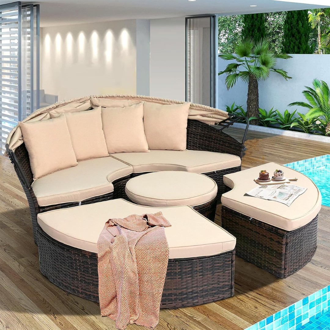 Backyard Porch Round Daybed  - Retractable Canopy-Aldronix