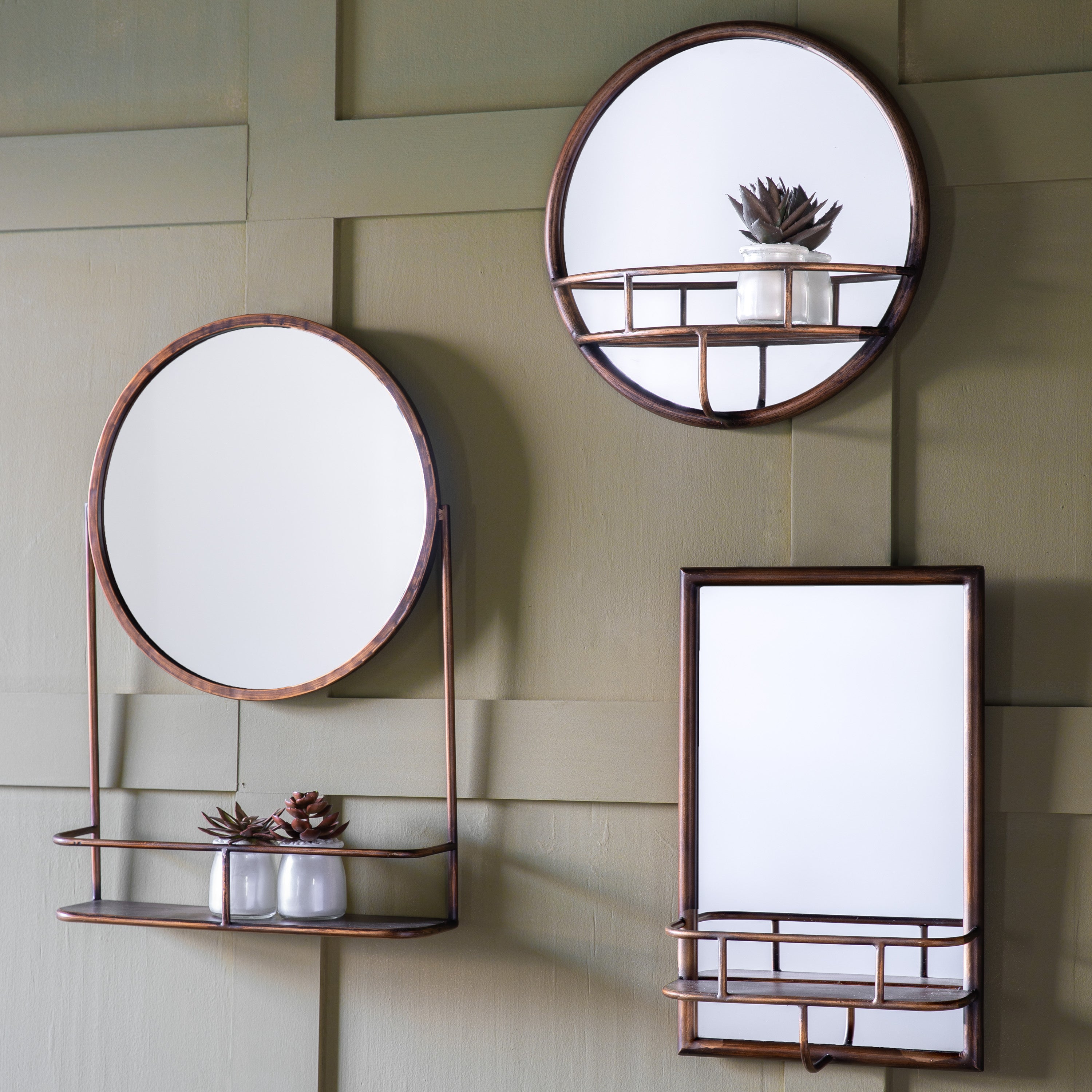 Compact Bronzed Circular Mirror With Shelf-Aldronix