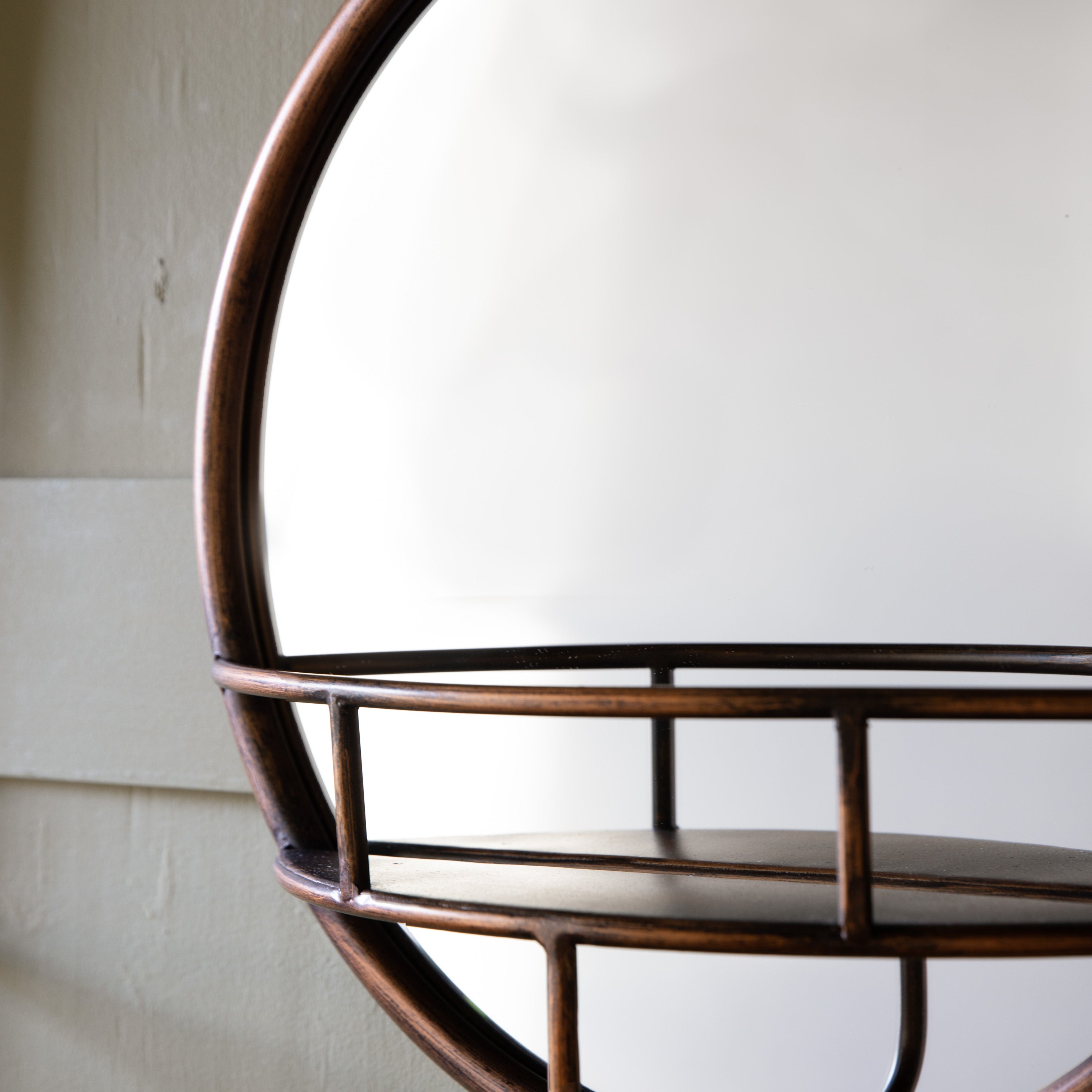 Compact Bronzed Circular Mirror With Shelf-Aldronix