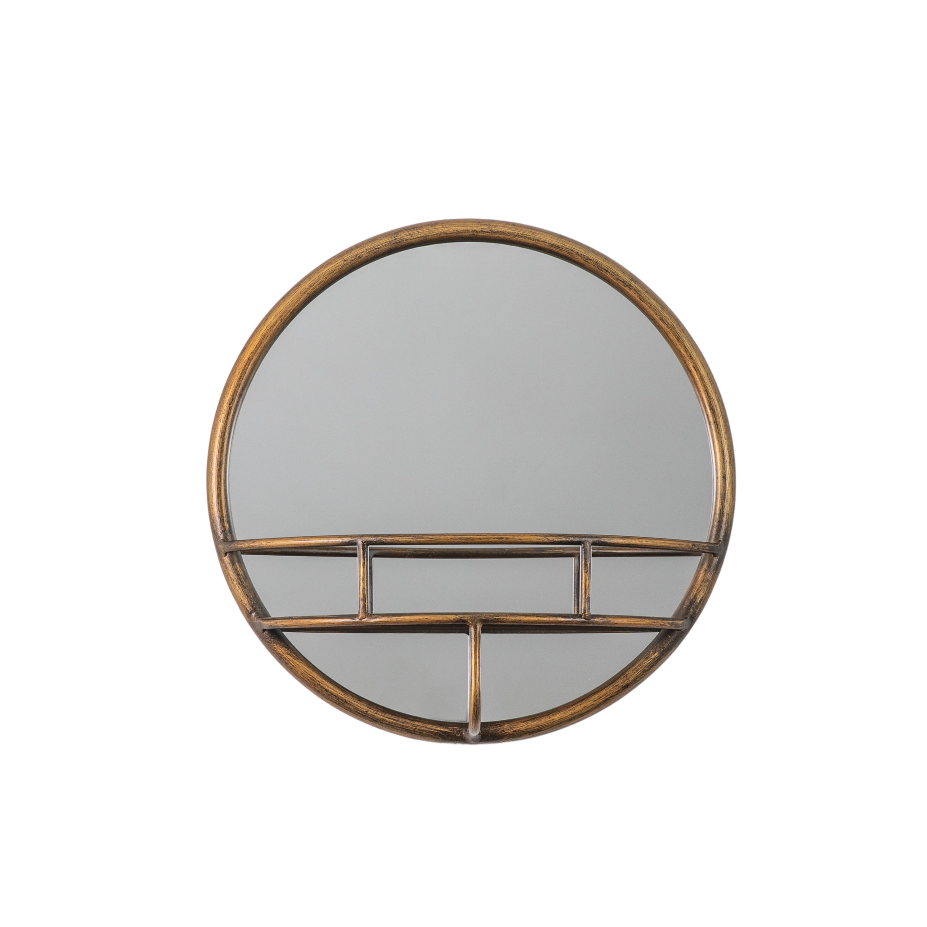 Compact Bronzed Circular Mirror With Shelf-Aldronix