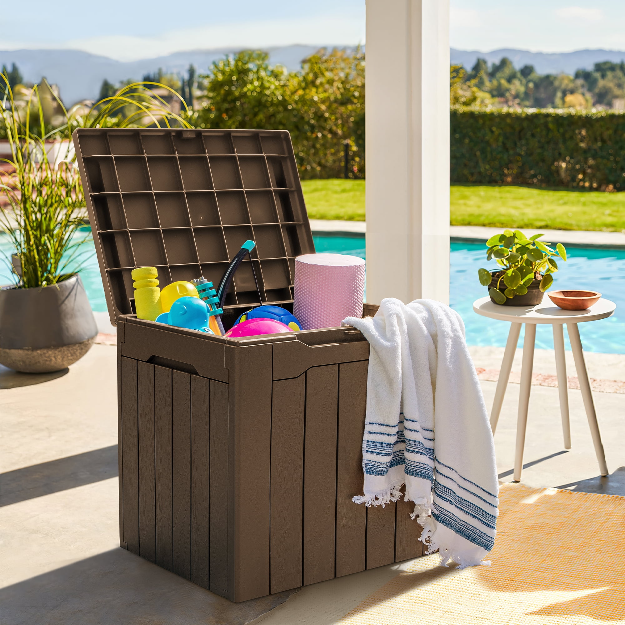 31 Gallon Outdoor Deck Box In Resin with Seat, Light Coffee-Aldronix