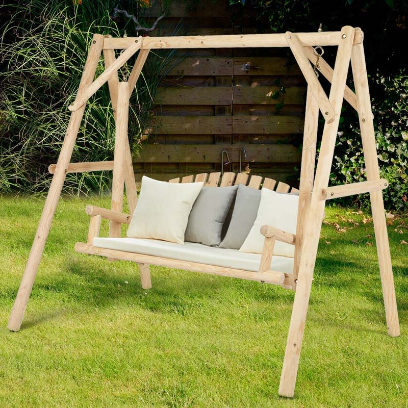 Wooden Hanging Porch Swing Outdoor Swing Bench Chair with Curved Back-Aldronix