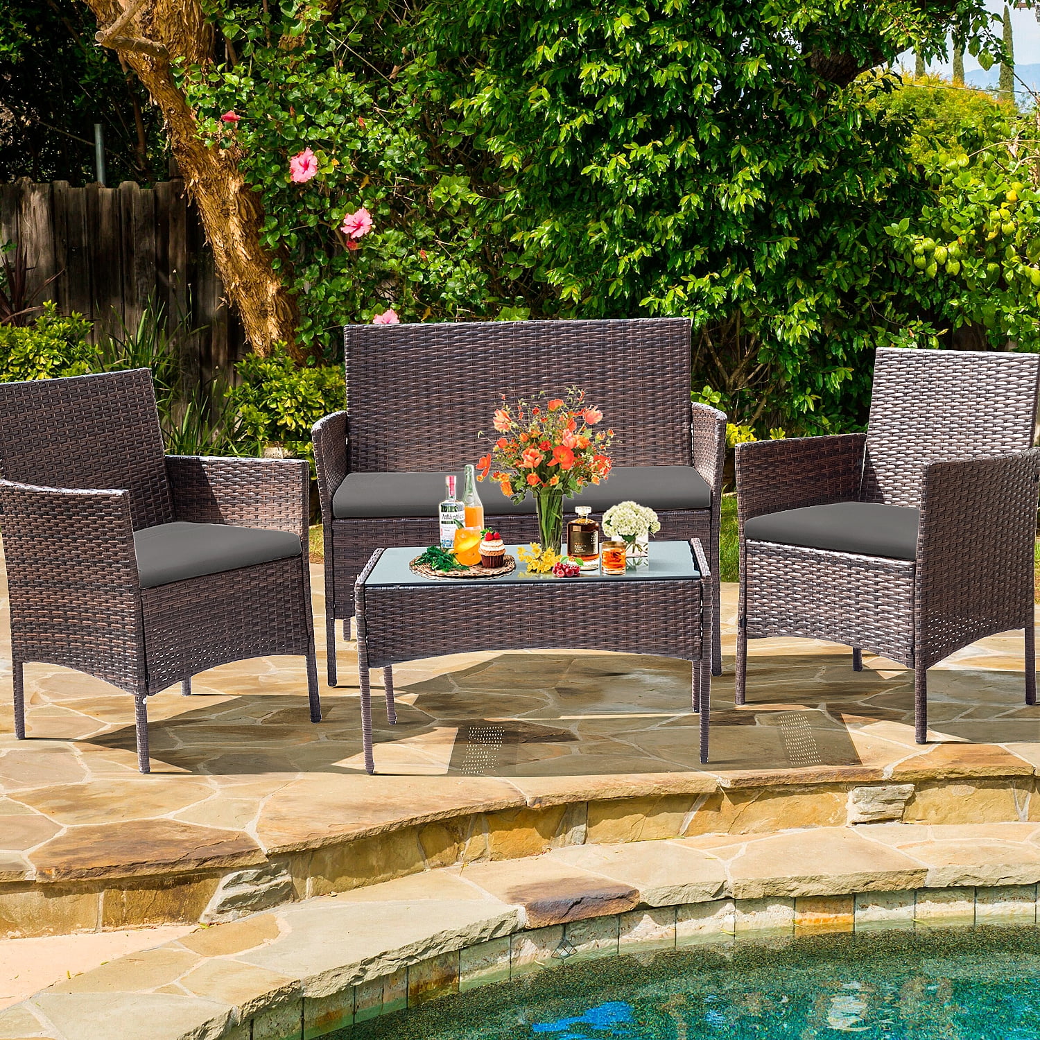 4 Pieces Patio Conversation Set Outdoor PE Rattan Wicker Chairs Set and Table, Brown-Aldronix