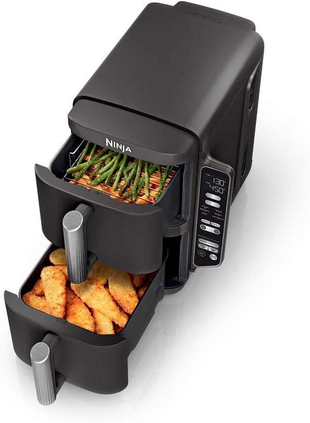 Ninja Air Fryer, 10QT DoubleStack XL 2-Basket, Compact Design, Cooks 5lb Whole Chicken, Feeds Up to 8 People, 6-in-1 Air Fryer, Roast, Bake & More, Easy to Clean, Dishwasher Safe Parts, Grey, SL401-Aldronix