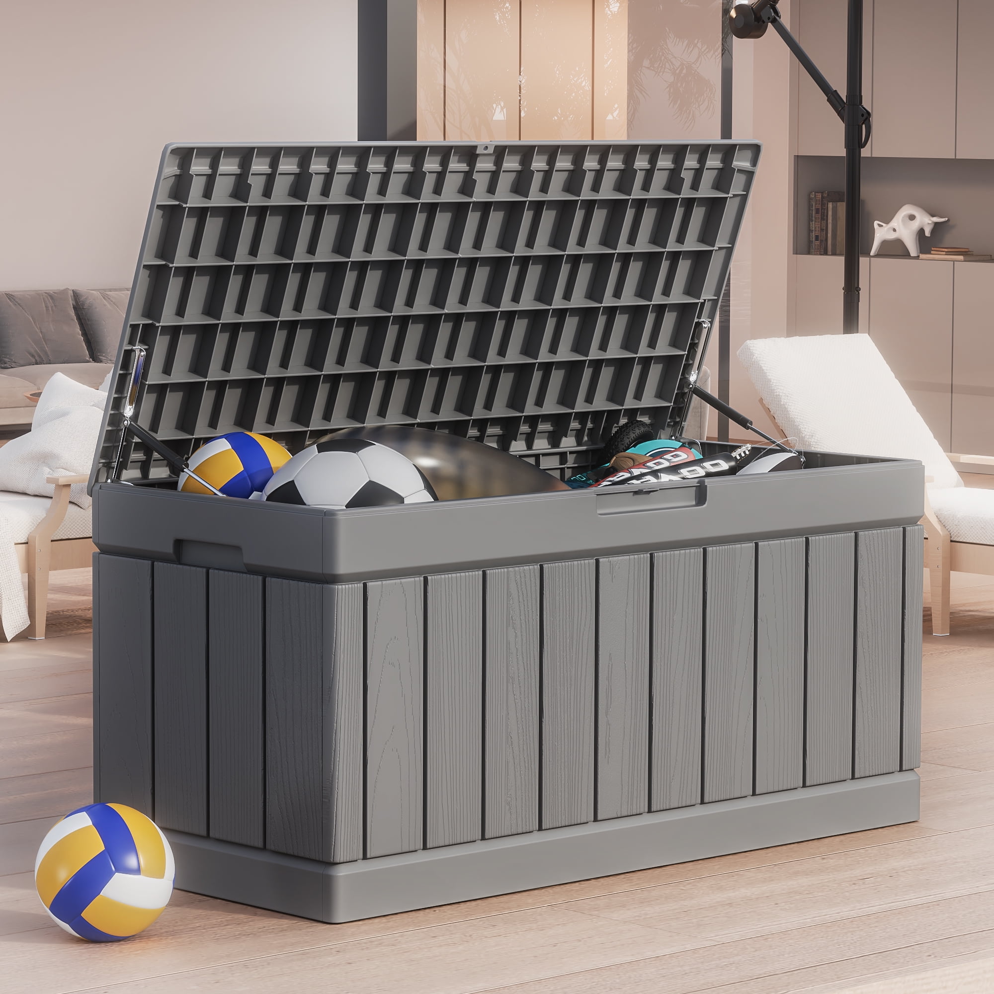 82 Gallon Outdoor Storage in Resin Deck Box 45.66in Width Lockable Deck Box, Black-Aldronix
