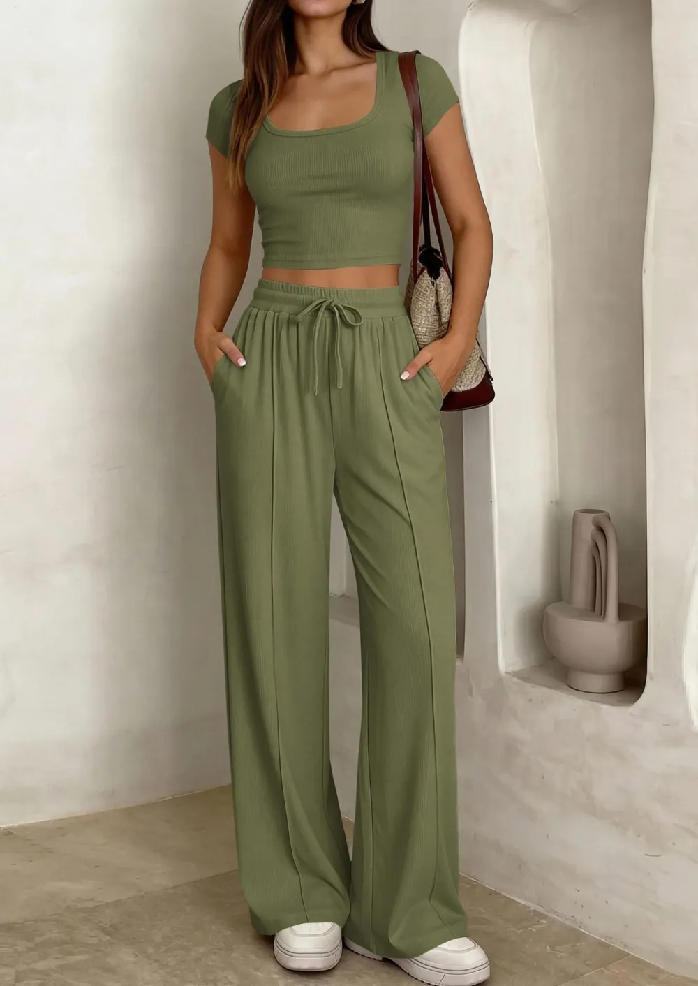 Women's 2 Piece Outfits Square Neck Crop Top High Waist Wide Leg Pants Loungewear Set-Aldronix