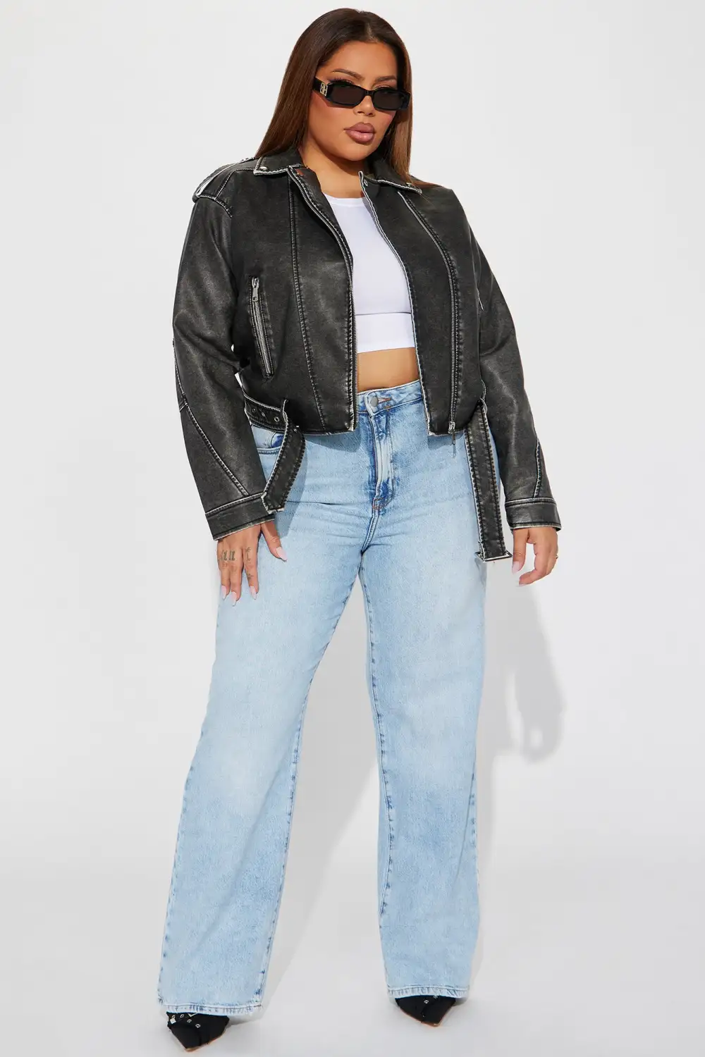 My Time Washed Faux Leather Moto Jacket - Charcoal-Aldronix