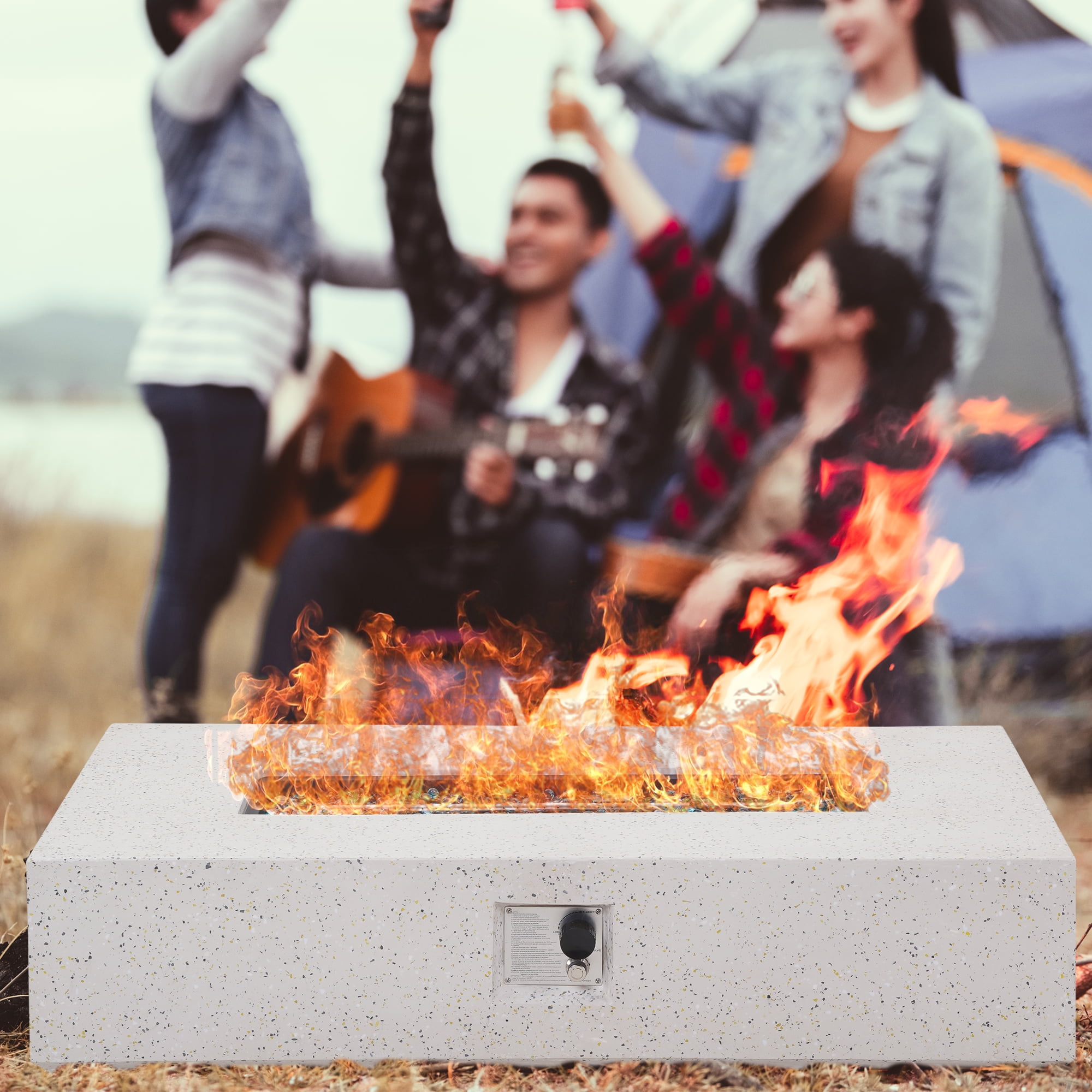 56 inch Concrete Propane Fire Pit Table, 50,000 BTU Outdoor Firepit Rectangular Table with Propane Tank Metal Stand, Fire Glass Beads and Waterproof Cover, White-Aldronix