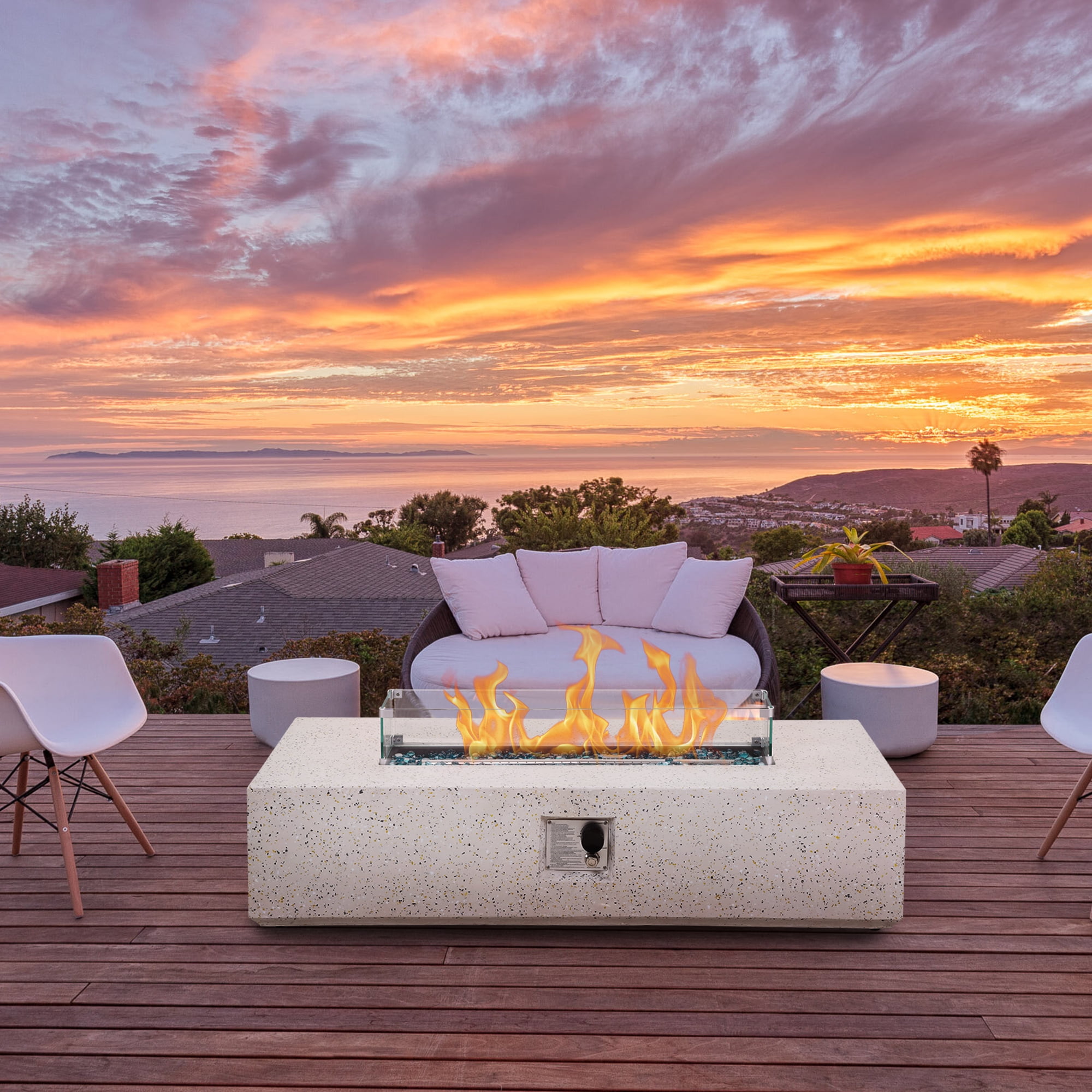 56 inch Concrete Propane Fire Pit Table, 50,000 BTU Outdoor Firepit Rectangular Table with Propane Tank Metal Stand, Fire Glass Beads and Waterproof Cover, White-Aldronix