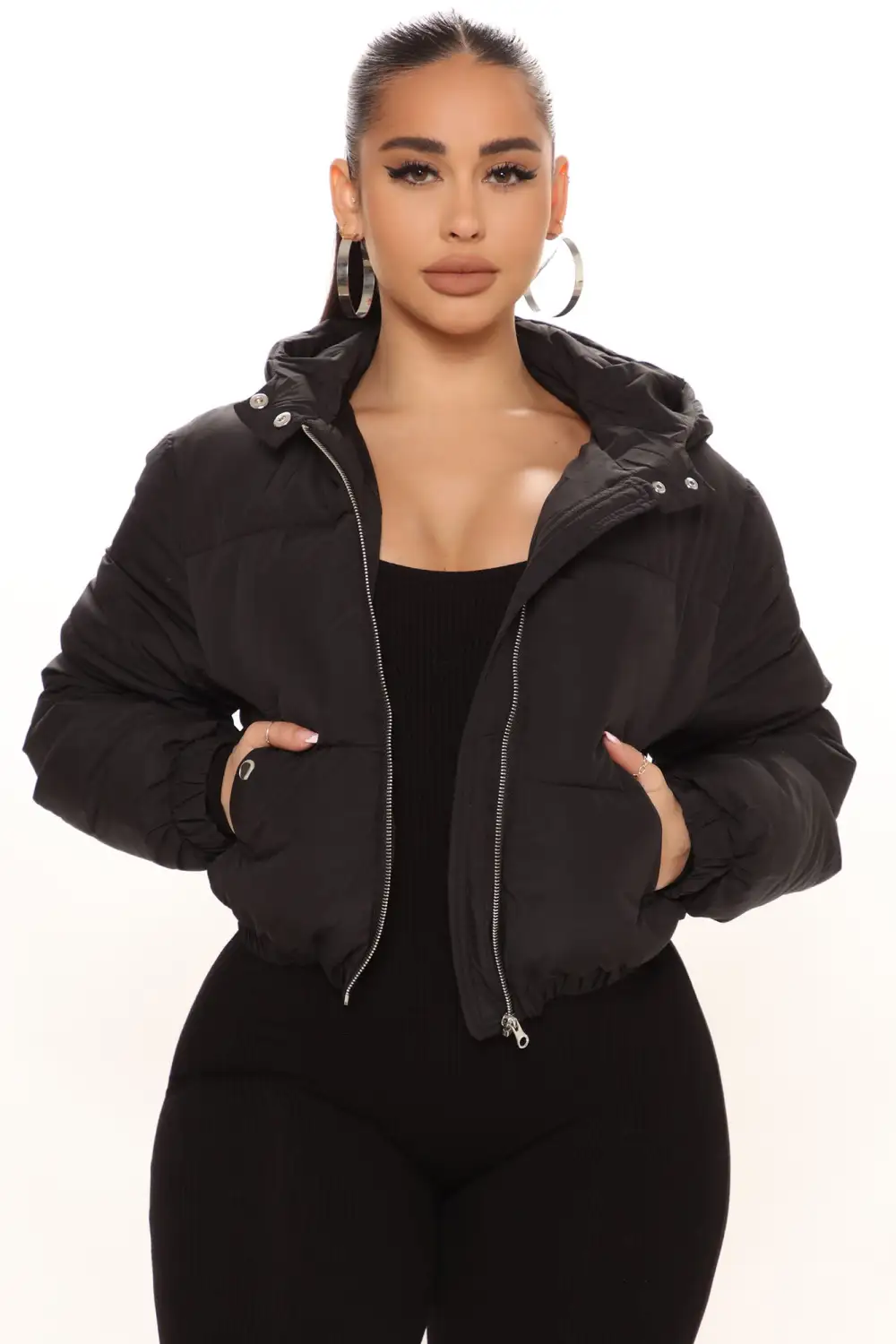 Can't Be Beat Cropped Puffer Jacket - Black-Aldronix
