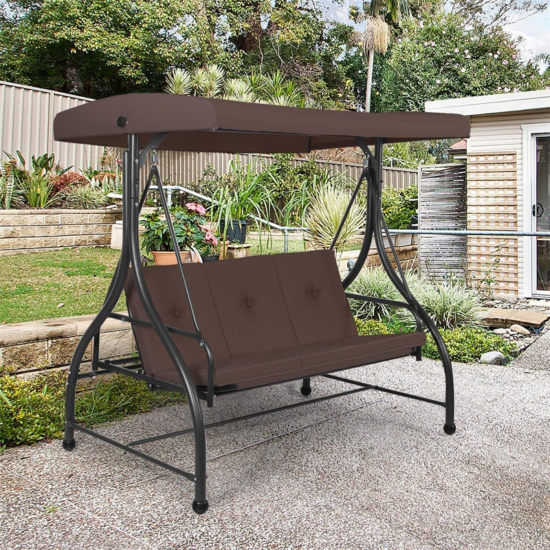 3 Seats Outdoor Patio Porch Swing Chair with Cushion Seat & Adjustable Tilt Canopy-Aldronix