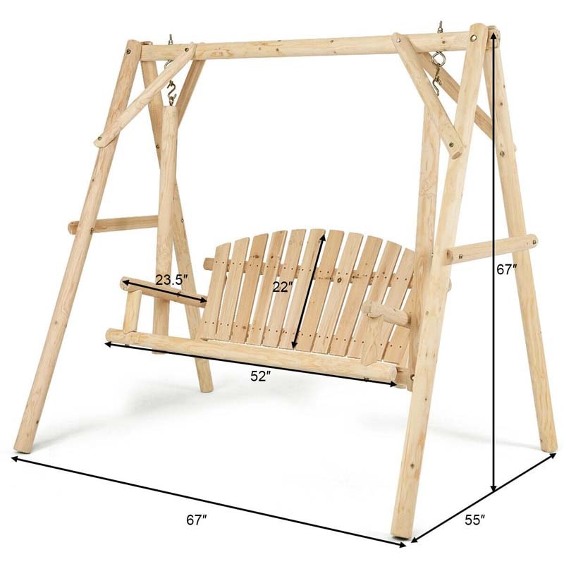 Wooden Hanging Porch Swing Outdoor Swing Bench Chair with Curved Back-Aldronix