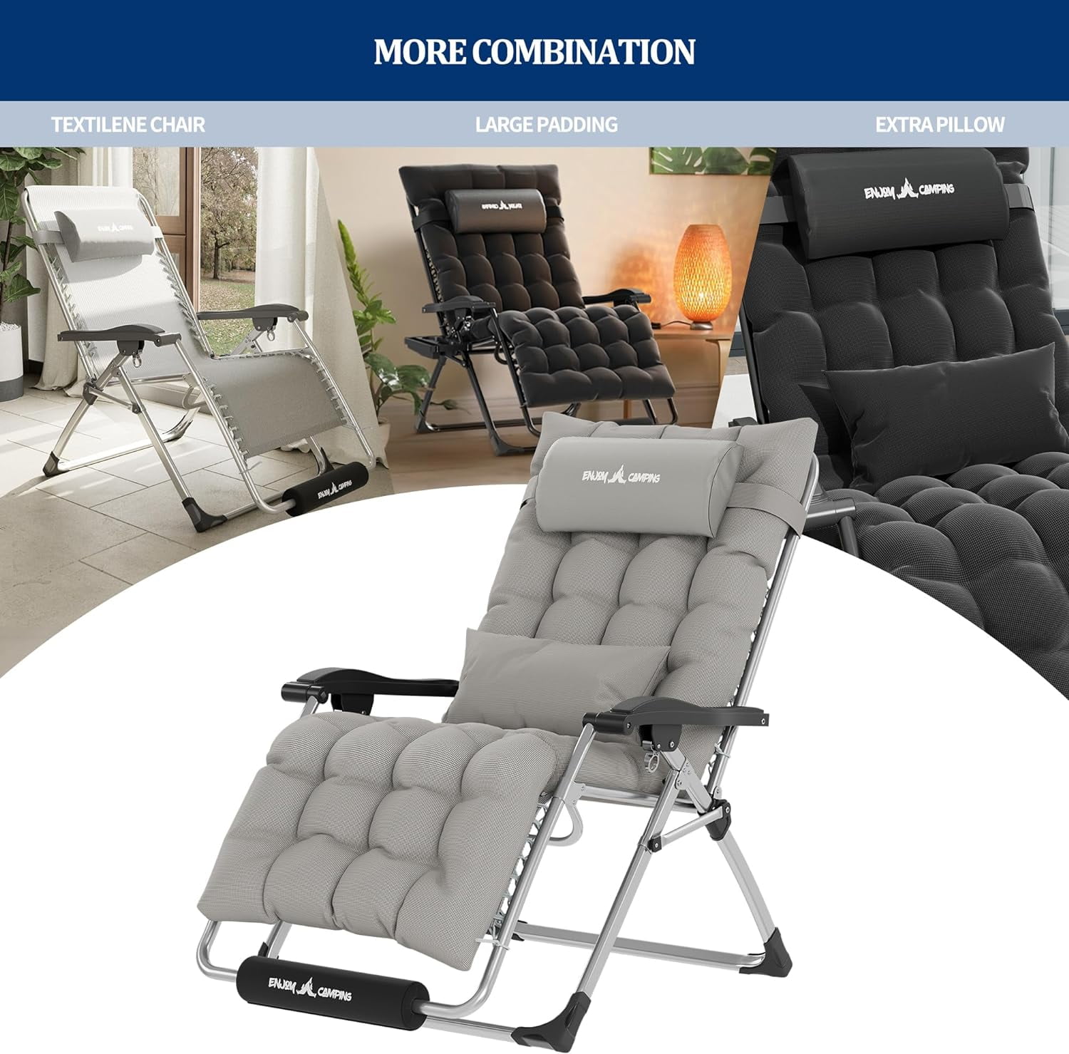 Oversized Zero Gravity Chair 33In XXL Patio Reclining Chair with Cushion, Outdoor Folding Adjustable Recliner with Cup Holder, Foot Rest & Padded Headrest, Support 500LB, Black-Aldronix