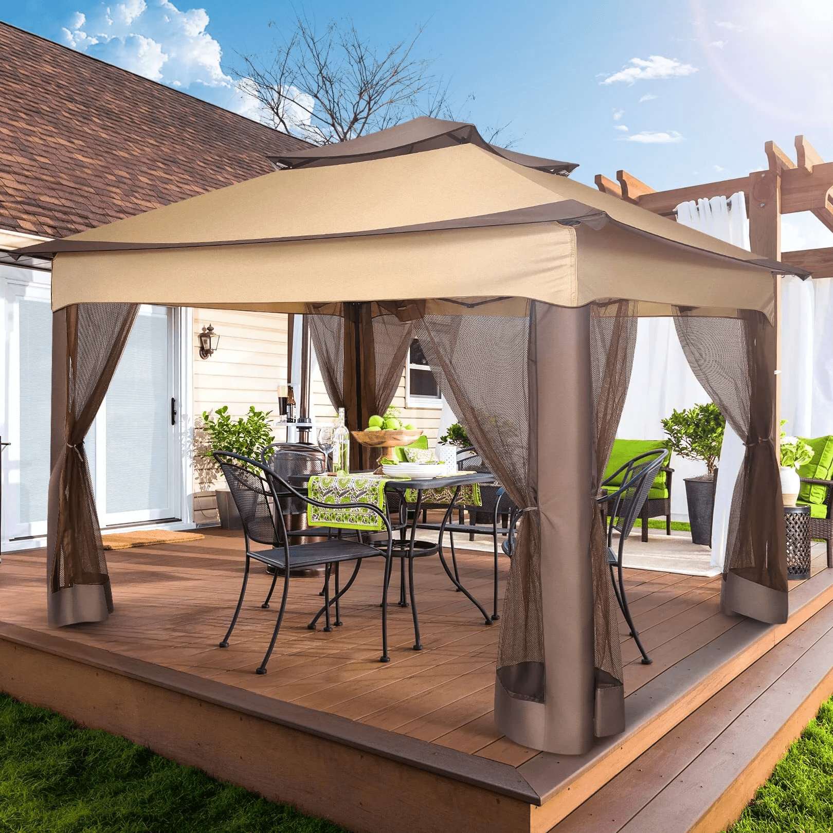 11x11 Pop up Gazebo Outdoor Canopy Gazebo Patio Gazebo with Mosquito Netting Canopy Shelter with 121 Square feet of Shade for Poolside, Garden, Party and Backyard, Khaki-Aldronix