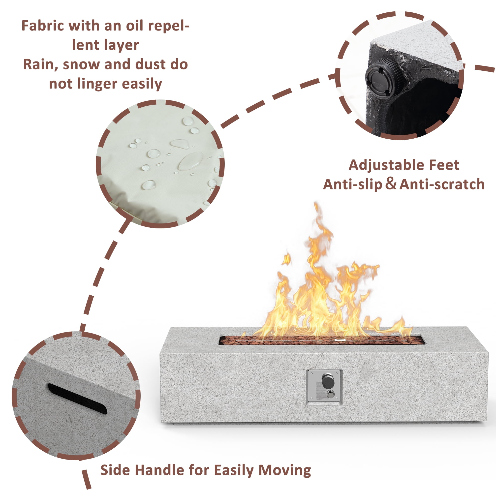 56 inch Concrete Propane Fire Pit Table, 50,000 BTU Outdoor Firepit Rectangular Table with Propane Tank Metal Stand, Fire Glass Beads and Waterproof Cover, White-Aldronix