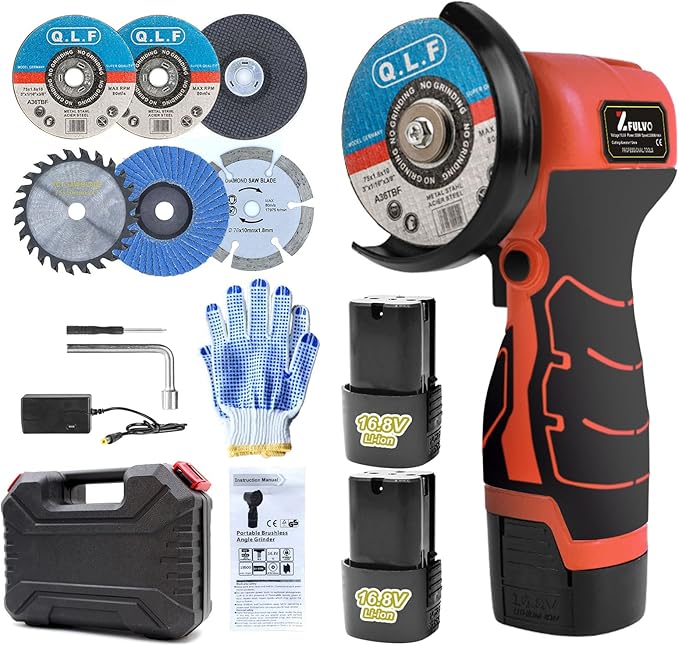 Cordless Brush Angle Grinder Kit, 19500rpm Mini Electric Angle Grinding Tool with 2pcs 16.8V 2000mAh Batteries and 5-Cutting Discs, Grinder Handheld Cutter for Metal Wood-Aldronix