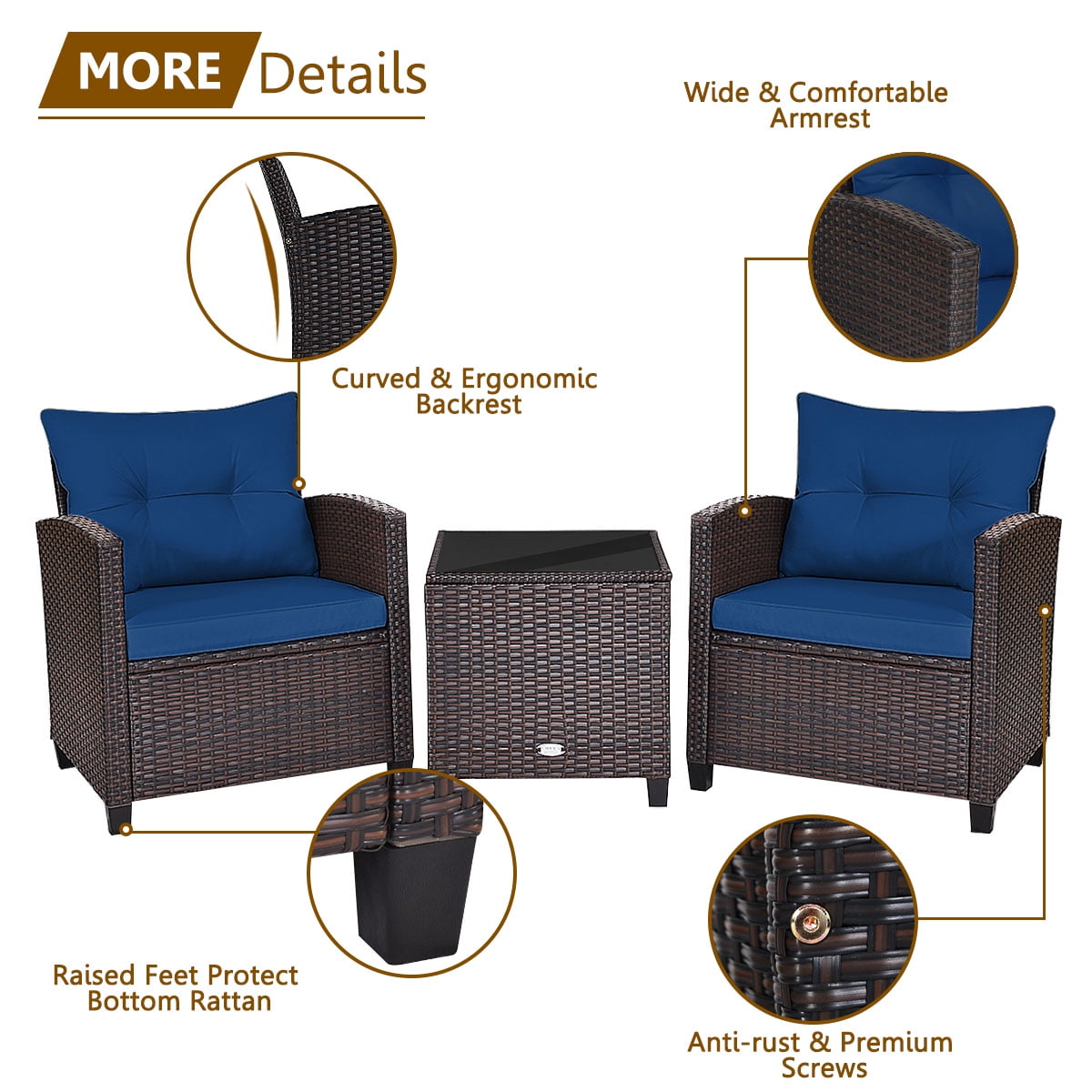 3 Pieces Wicker Cushioned Conversation Set Outdoor Rattan Furniture with Turquoise Cushions-Aldronix