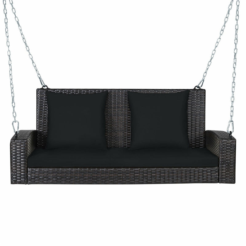 2-Person Outdoor Wicker Hanging Porch Swing Bench with 3 Cushions-Aldronix