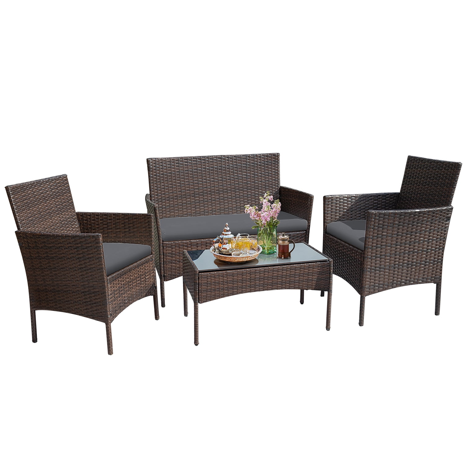 4 Pieces Patio Conversation Set Outdoor PE Rattan Wicker Chairs Set and Table, Brown-Aldronix