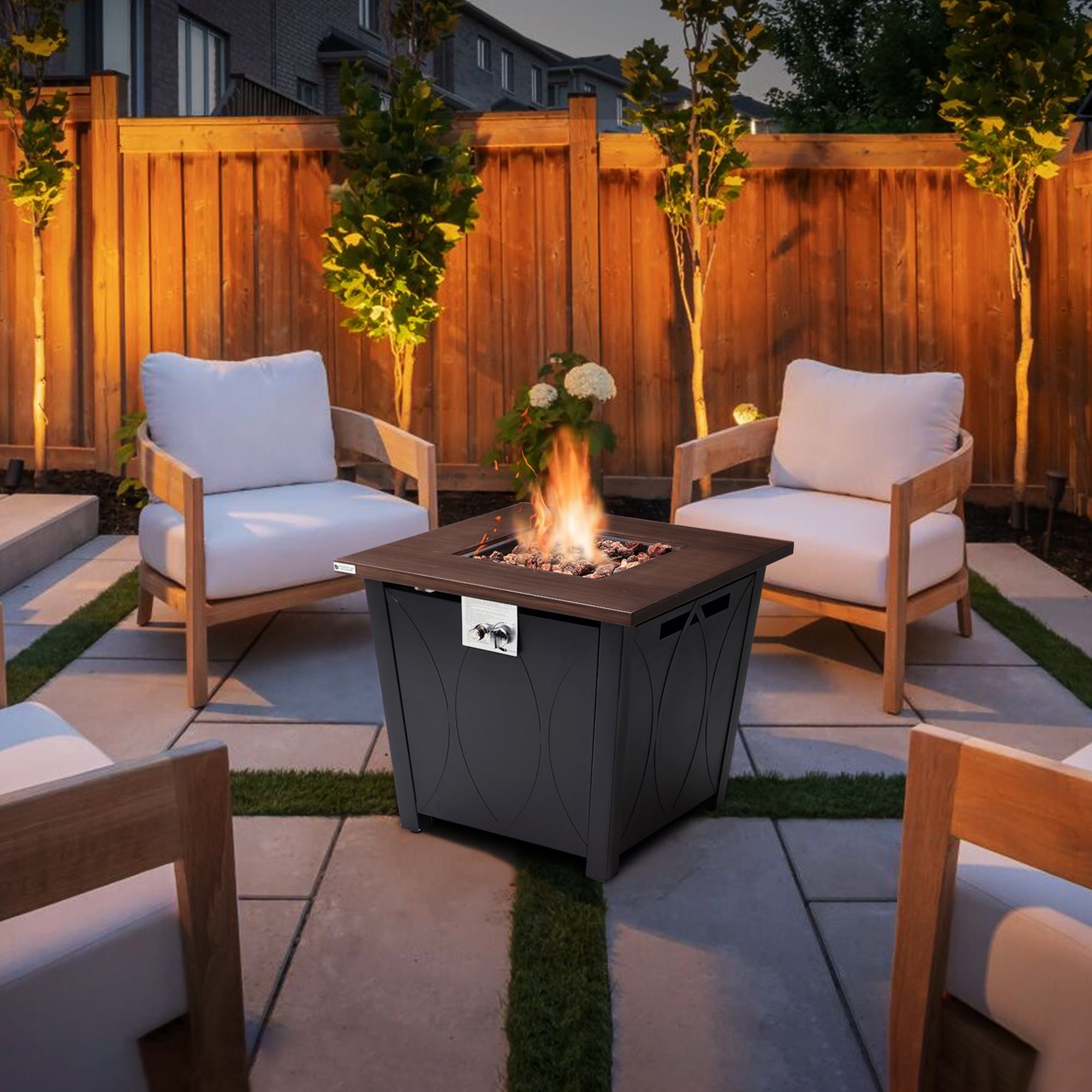 28" Propane Gas Fire Pit Table, 50000 BTU Steel Fire Table with Lid and Waterproof Cover, Black-Aldronix