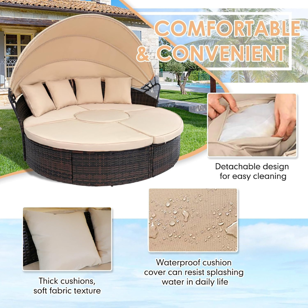 Backyard Porch Round Daybed  - Retractable Canopy-Aldronix