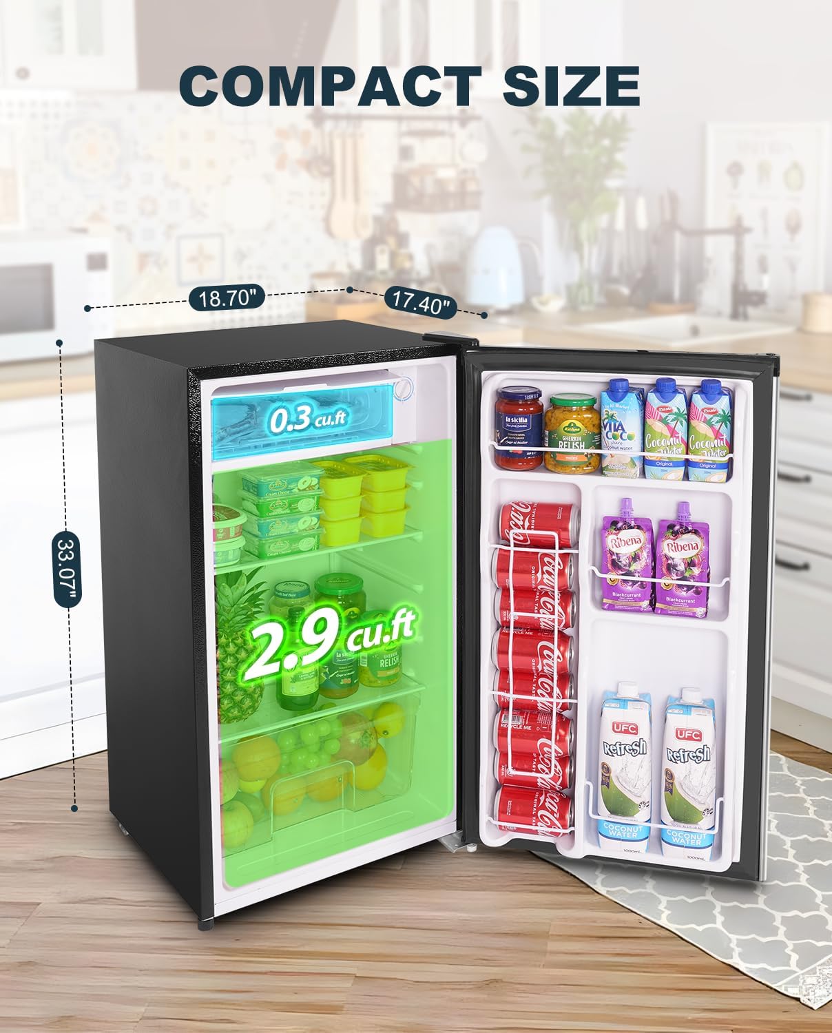  3.2 Cu.Ft Mini Fridge with Freezer, Single Door Mini Fridge, Dorm Fridge, Adjustable Thermostat, Mini Refrigerator for Bedroom, Office, Dorm, Black-BR321-Aldronix