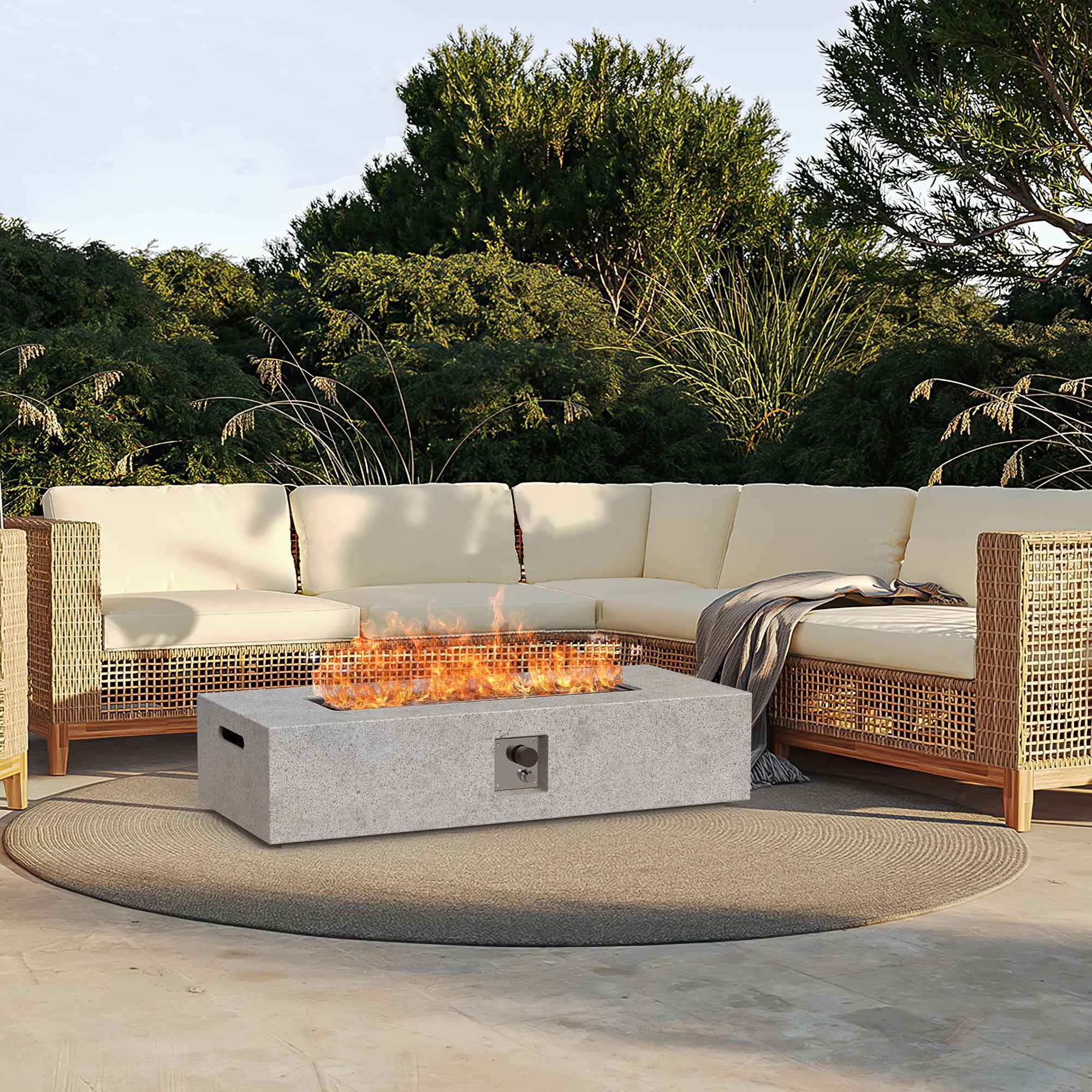 56 inch Concrete Propane Fire Pit Table, 50,000 BTU Outdoor Firepit Rectangular Table with Propane Tank Metal Stand, Fire Glass Beads and Waterproof Cover, White-Aldronix