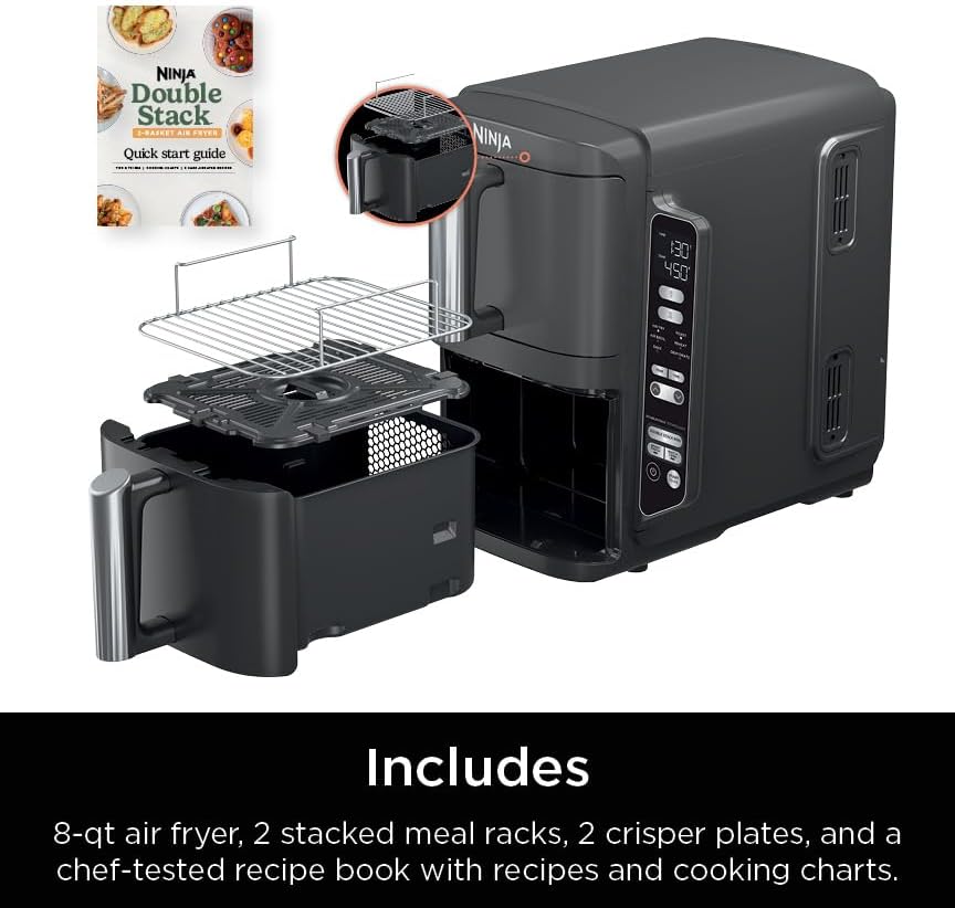 Ninja Air Fryer, 10QT DoubleStack XL 2-Basket, Compact Design, Cooks 5lb Whole Chicken, Feeds Up to 8 People, 6-in-1 Air Fryer, Roast, Bake & More, Easy to Clean, Dishwasher Safe Parts, Grey, SL401-Aldronix