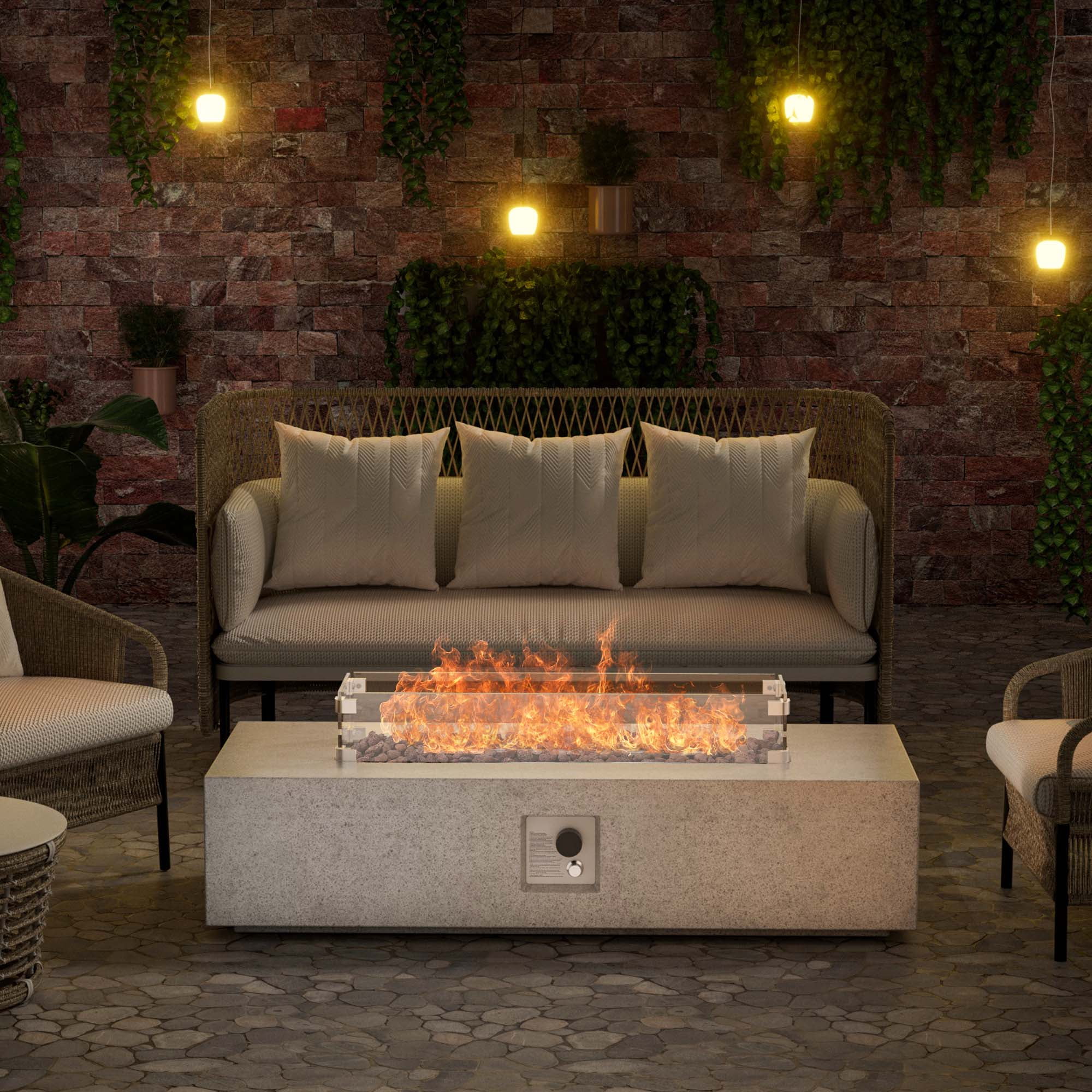 56 inch Concrete Propane Fire Pit Table, 50,000 BTU Outdoor Firepit Rectangular Table with Propane Tank Metal Stand, Fire Glass Beads and Waterproof Cover, White-Aldronix