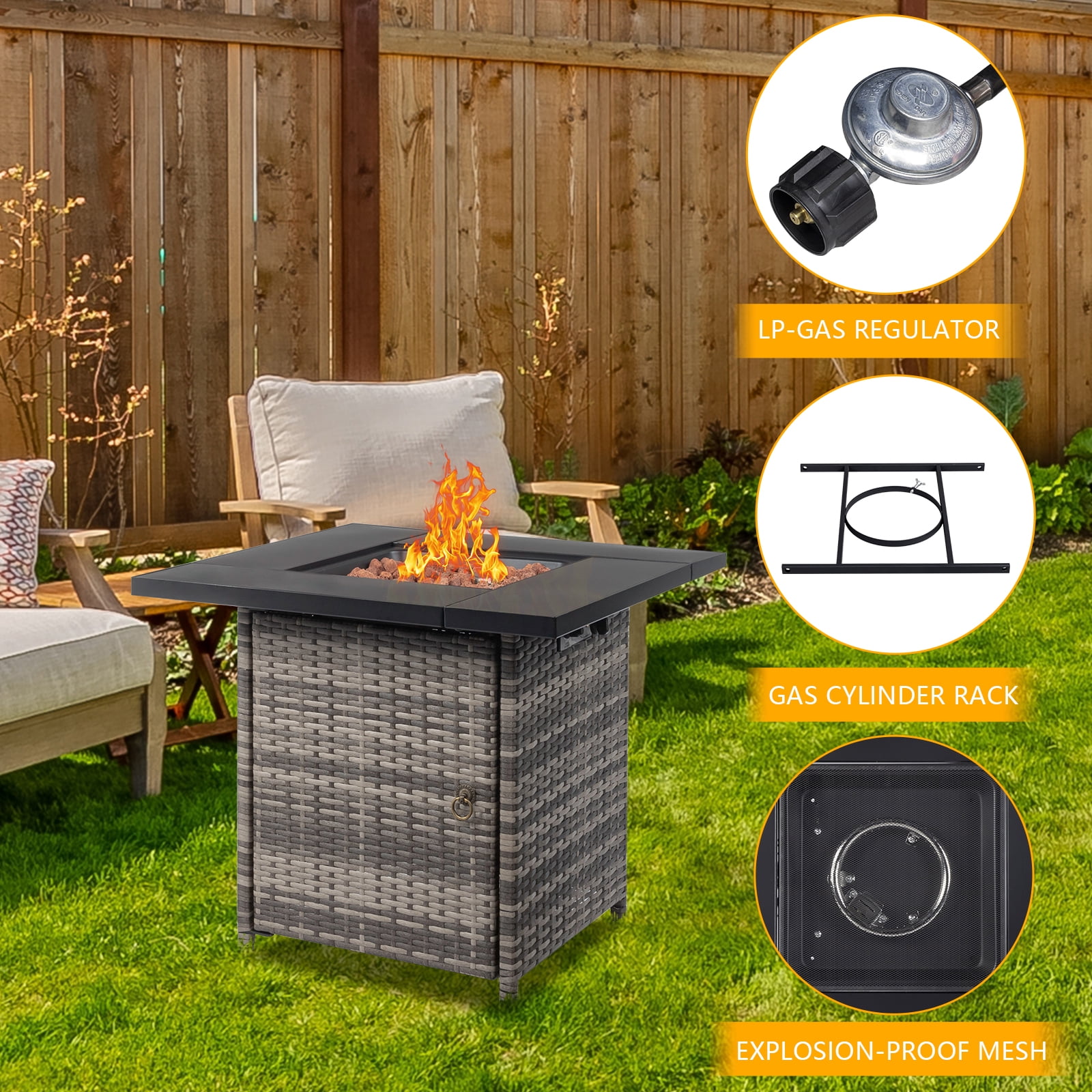 Square Propane Fire Pit Table, Outdoor Gas Fire Pit Table with Lava Rocks and Lid, Gas Heater for Bonfire Patio Garden Backyard, 28-Inch 50,000 BTU Auto-Ignition Fire Table, CSA Certification-Aldronix