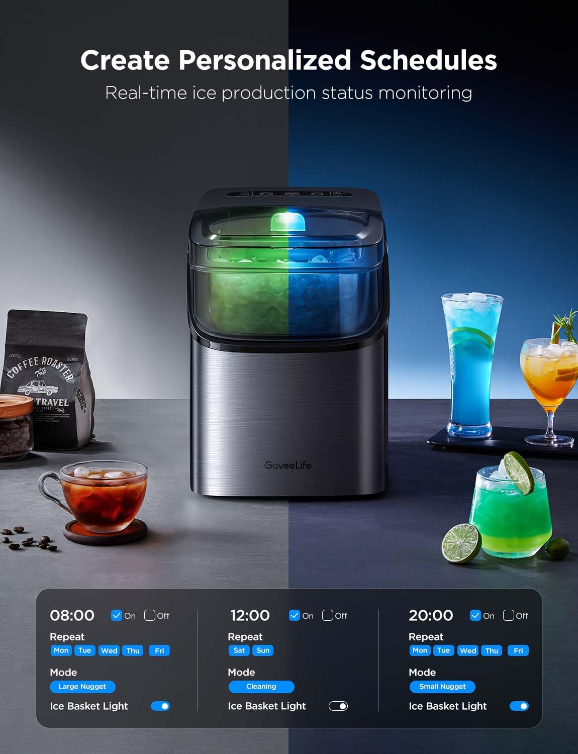 GoveeLife Smart Ice Maker Countertop, Portable Ice Machine with Voice Control, 9 Ice Cubes in 6 Minutes 3 Sizes, 26lbs/24Hrs, Self Cleaning RGB Lights, Quiet Ice Maker with Scoop for Kitchen Silver-Aldronix