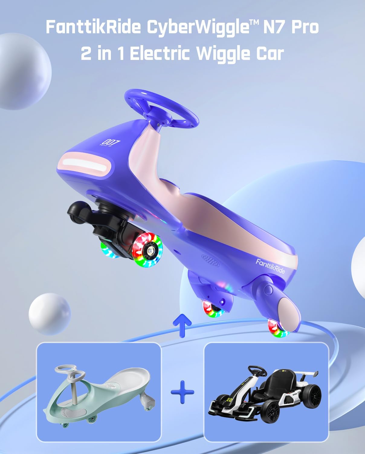 FanttikRide 12V N7 Pro Electric Wiggle Car with Pedal, Rechargeable Battery, CyberWiggle, 2 in 1 Swing Car, 2 Speed, Anti-Rollover, Flashing Wheels, Bluetooth, for Ages 3 and Up, 150 Lbs, Blue-Aldronix