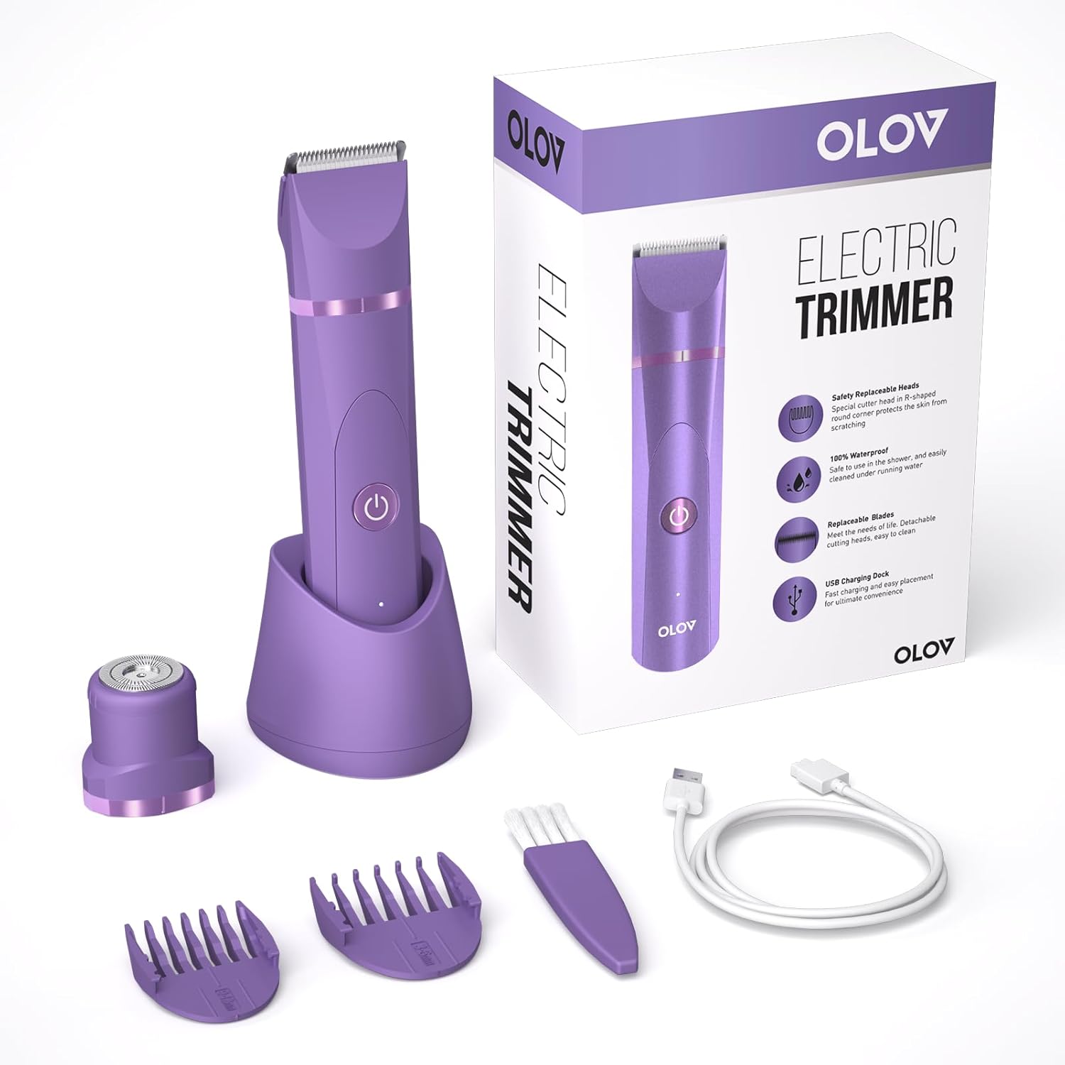  Electric Body Hair Trimmer - Groin Trimmer for Men - Bikini Trimmer Women - Wet/Dry Shaver Groomer, Replaceable Ceramic Blade Heads, USB Recharge Dock, Waterproof Hygiene Razor,Purple-Aldronix