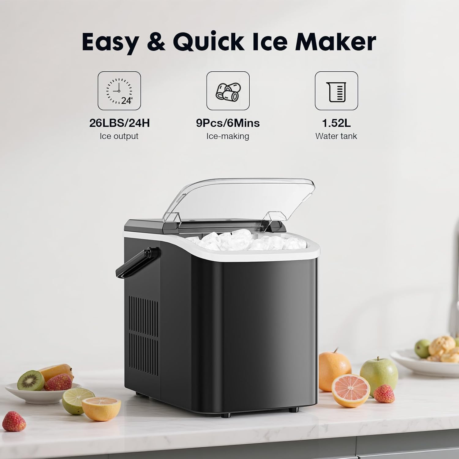 Sweetcrispy Countertop Ice Maker, Portable Ice Machine Self-Cleaning, 9 Cubes in 6 Mins, 26 lbs/24Hrs, 2 Sizes of Bullet Ice for Home Party Office,Elegant Black-Aldronix